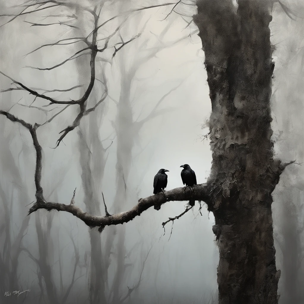 Two crows in a dead tree, Uma sombra em Forma de andador, noite estrelada, Thick fog on the ground, Luz azul no horizonte, Motor Unreal 5, cinemactic, Low-angle photography, motion blur, profundidade de campo, dust, Cobblestones and dirt. Arte Splash, pingando tinta. Perfect color classification. influenciado por karel Appel e jeremy mann, Full of dramatic and threatening scenes, hiper-detalhado, Beautiful, detalhes insanos, detalhes intrincados, fotografia editorial, Fotografado com uma lente de 50mm, profundidade de campo, Tilt Blur, velocidade do obturador 1/1000, F/22. Mapas de luz, super brilhante