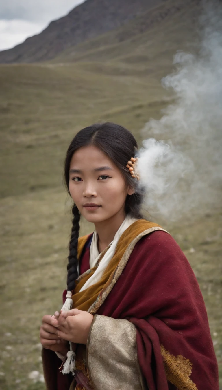Tibetan cute girl,Tibetan snow ,1970's,White smoke,Full of movement ,hasselblatt,National Geographic photo,Semi-body shot, high-quality photo