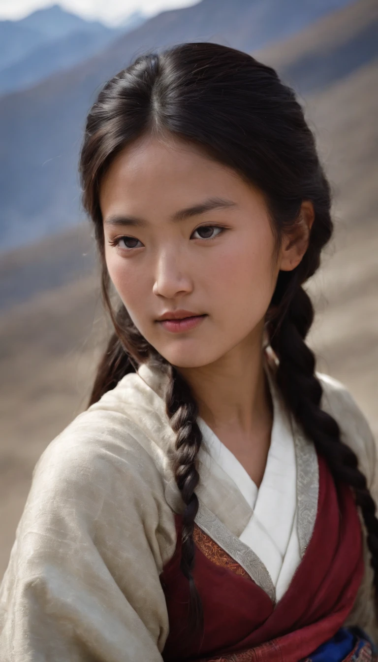 Tibetan cute girl,Tibetan snow ,1970's,White smoke,Full of movement ,hasselblatt,National Geographic photo,Semi-body shot, high-quality photo