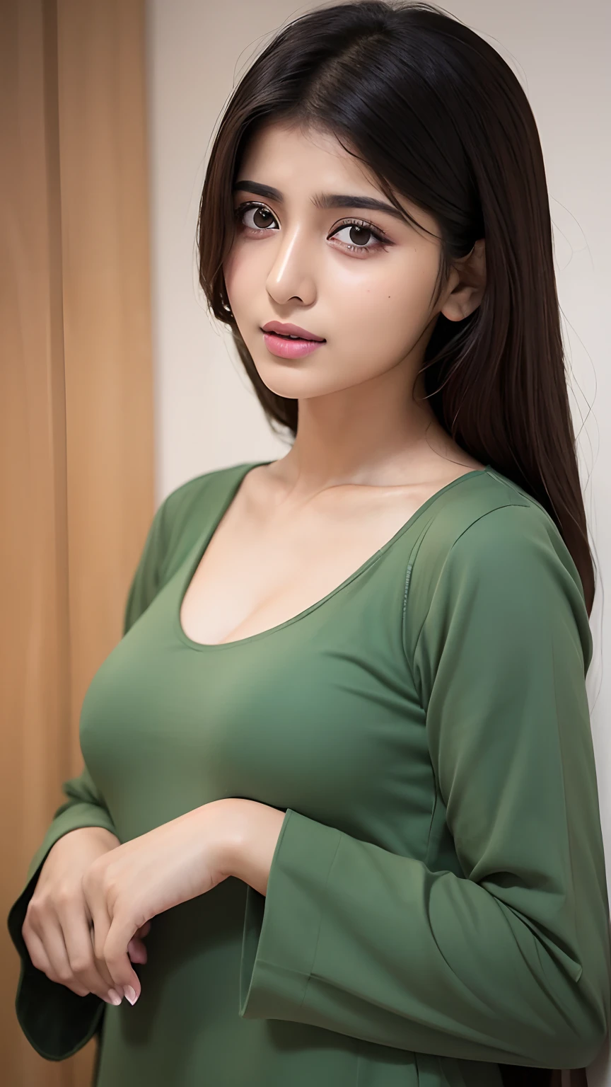Highest quality. Tabletop, 8K, Best image quality, One Woman, Perfect V-neck long knit turquoise sweater, Waist to upper body shot, (I&#39;m looking forward to), Red eyeshadow, Perfect Makeup, Long eyelashes, Ultra-high resolution glossy lips, Ultra HD, ((Facing forward)), Cute face, Brown Hair, Very short straight hair, Look at me and smile, clavicle, Accurate ???????, Face close-up, The most atmospheric and warm lighting, Blurred Background, ((View your viewers))