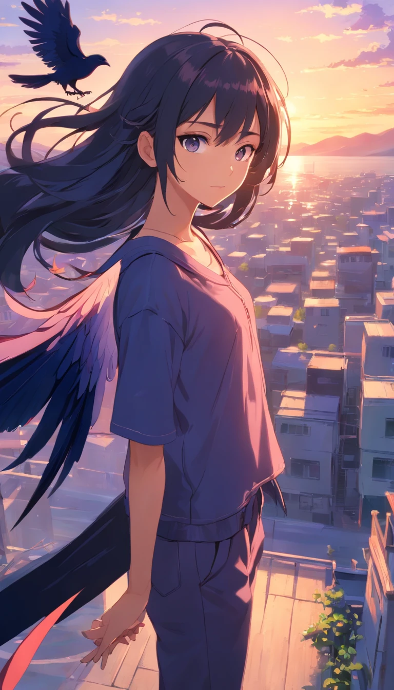 Masterpiece, Best quality, cinematic Film still from, 1girll, monstergirl, Raven woman, full bodyesbian, Portrait, Detailed (Eyes), Long (Hair), Perfect body, Proportional body, crow|raven wings, deep look, Wearing (Tops and pants), Close-up,  Cool soft lighting, Sunset, (Aura:0.7)