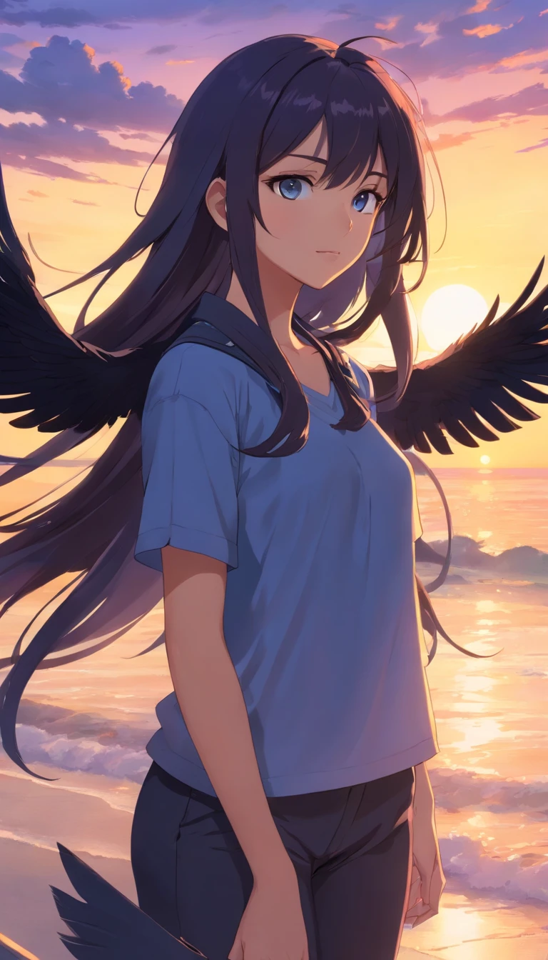 Masterpiece, Best quality, cinematic Film still from, 1girll, monstergirl, Raven woman, full bodyesbian, Portrait, Detailed (Eyes), Long (Hair), Perfect body, Proportional body, crow|raven wings, deep look, Wearing (Tops and pants), Close-up,  Cool soft lighting, Sunset, (Aura:0.7)