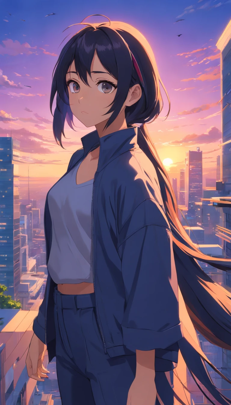 Masterpiece, Best quality, cinematic Film still from, 1girll, monstergirl, Raven woman, full bodyesbian, Portrait, Detailed (Eyes), Long (Hair), Perfect body, Proportional body, crow|raven wings, deep look, Wearing (Tops and pants), Close-up, Cool soft lighting, Sunset, (Aura:0.7)