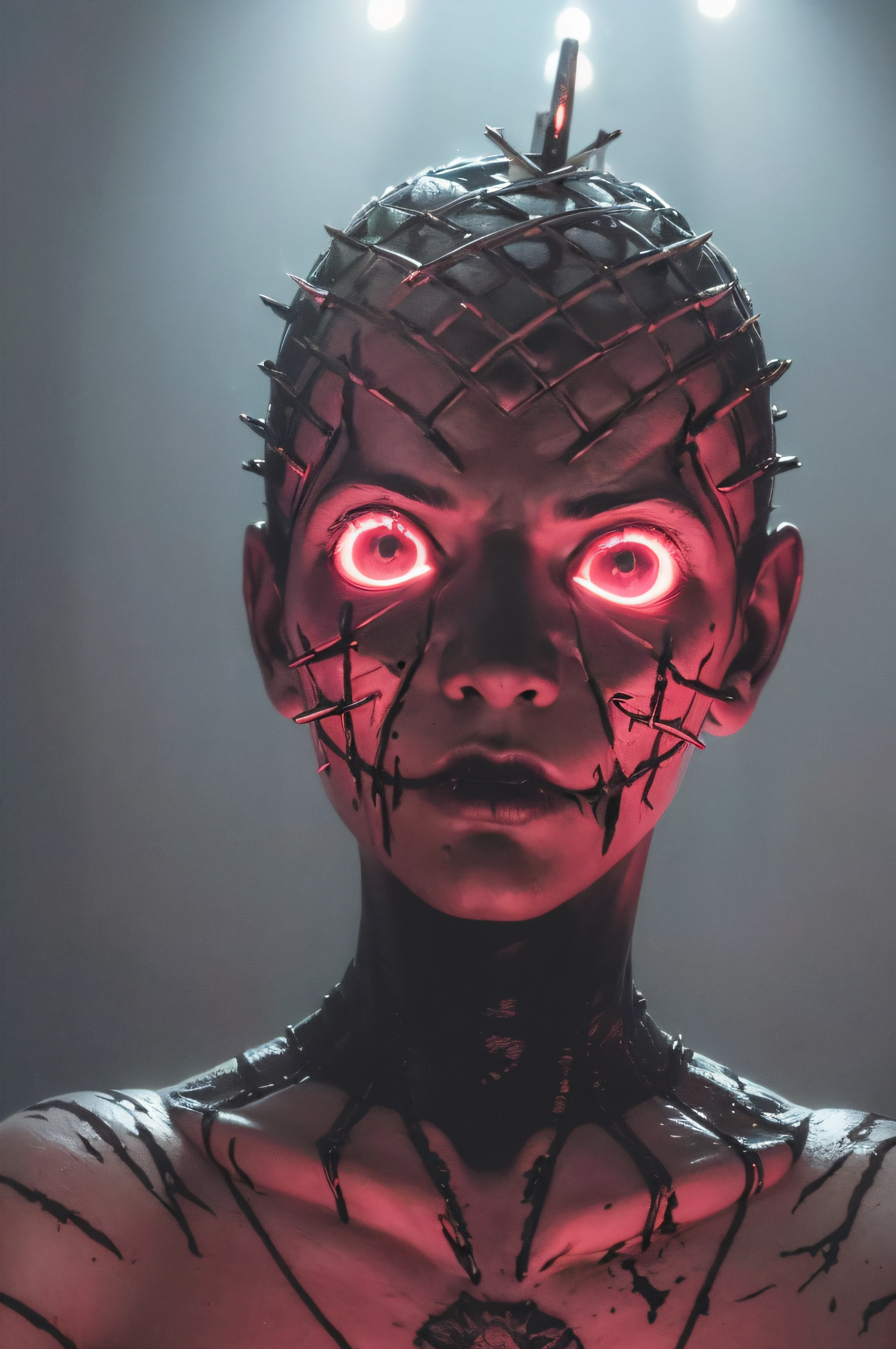 "(The best lighting, oscuro, dramatic),(feto calavera alien, Hellraiser, Cicatrices, , sexy, cerebro, sangre, una rata dentro de la cabeza, terror.),(ojos rojos, calaveras). morning light.