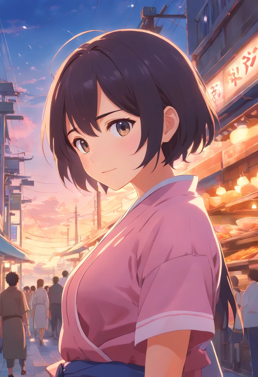 chef-d'work, beste-Qualit, film encore, 1 fille, fille nuage, girl with short black hair, pink kimono, flottant dans le ciel, gros plan, lumineux, joyeux, soft and warm lighting, coucher de soleil, (Sparks : 0,7)