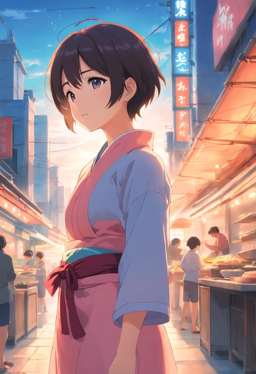 chef-d'work, beste-Qualit, film encore, 1 fille, fille nuage, girl with short black hair, pink kimono, flottant dans le ciel, gros plan, lumineux, joyeux, soft and warm lighting, coucher de soleil, (Sparks : 0,7)