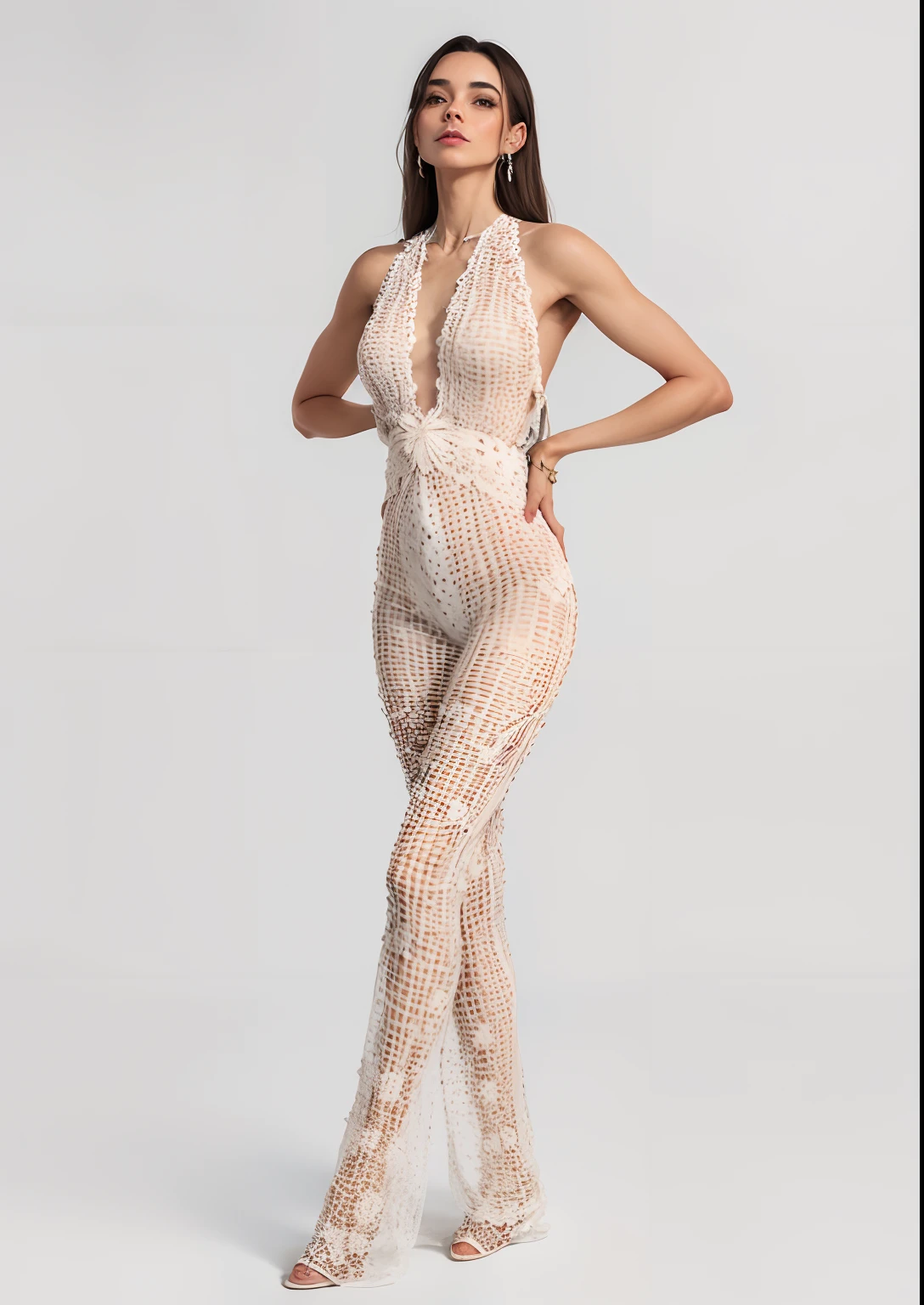 A woman in a white crochet jumpsuit with a still neck and an open back, usando um vestido feito de contas, vestido vestido bonito vestido, lantejoulas embelezadas, um vestido intrincado, vestido intrincado, catsuit, embelezado com cristais, coberto de cristais, Altura total do corpo inteiro, vista completa - comprimento, full-length view, full-length view, vestido cintilante de diamante