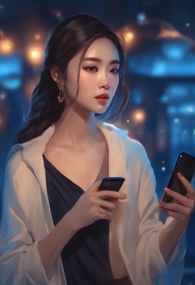 1 young Asian woman, Anime style, holding a cell phone, face, blue background, with lights