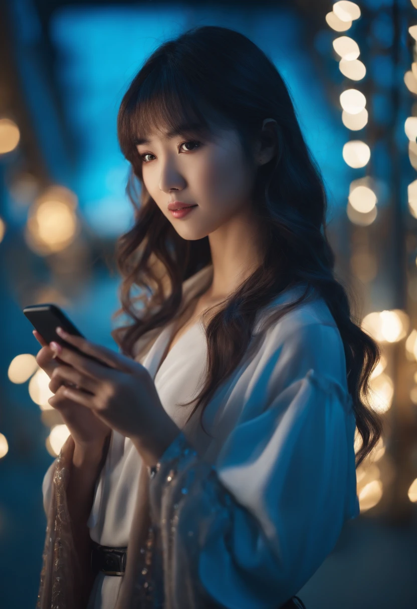ung Asian woman, Anime style, holding a cell phone, face, blue background, with lights