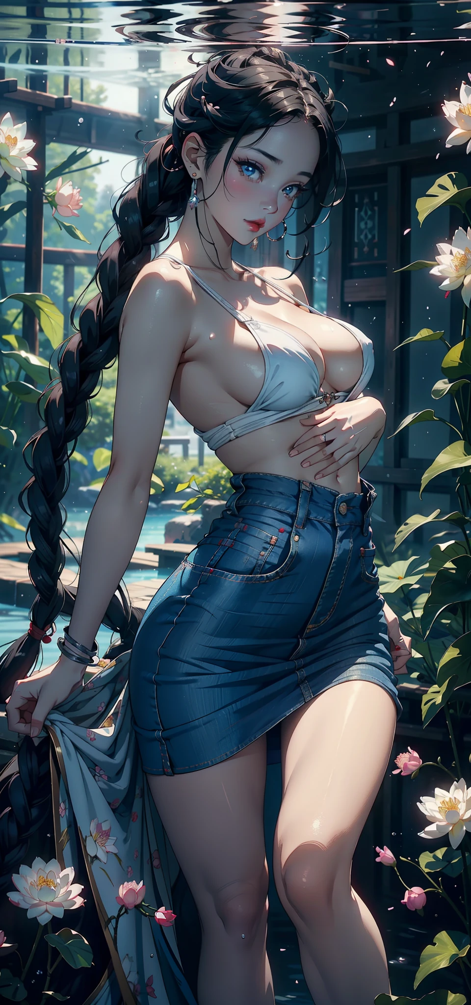 （Background with：ponds，Cherry blossom forest，lotus flower）Lie underwater， She has long black hair，Twist braids，seen from the front，mostly cloudy sky，（（（tmasterpiece），（Very detailed CG unity 8K wallpaper），best qualtiy，cinmatic lighting，detailed back ground，beatiful detailed eyes，Bright pupils，Blue eyes，Snow-whiteskin，Redlip（Very fine and beautiful），（Beautiful and detailed eye description），ultra - detailed，tmasterpiece，））facing at camera，A high resolution，ultra - detailed），revealing breasts，Bare genitalia，  Bulge，legs are open，Raised sexy，Camel toes，Desire for dissatisfaction，frontage，（Wearing ：耳Nipple Ring， jewely， Denim apron， Bare ）