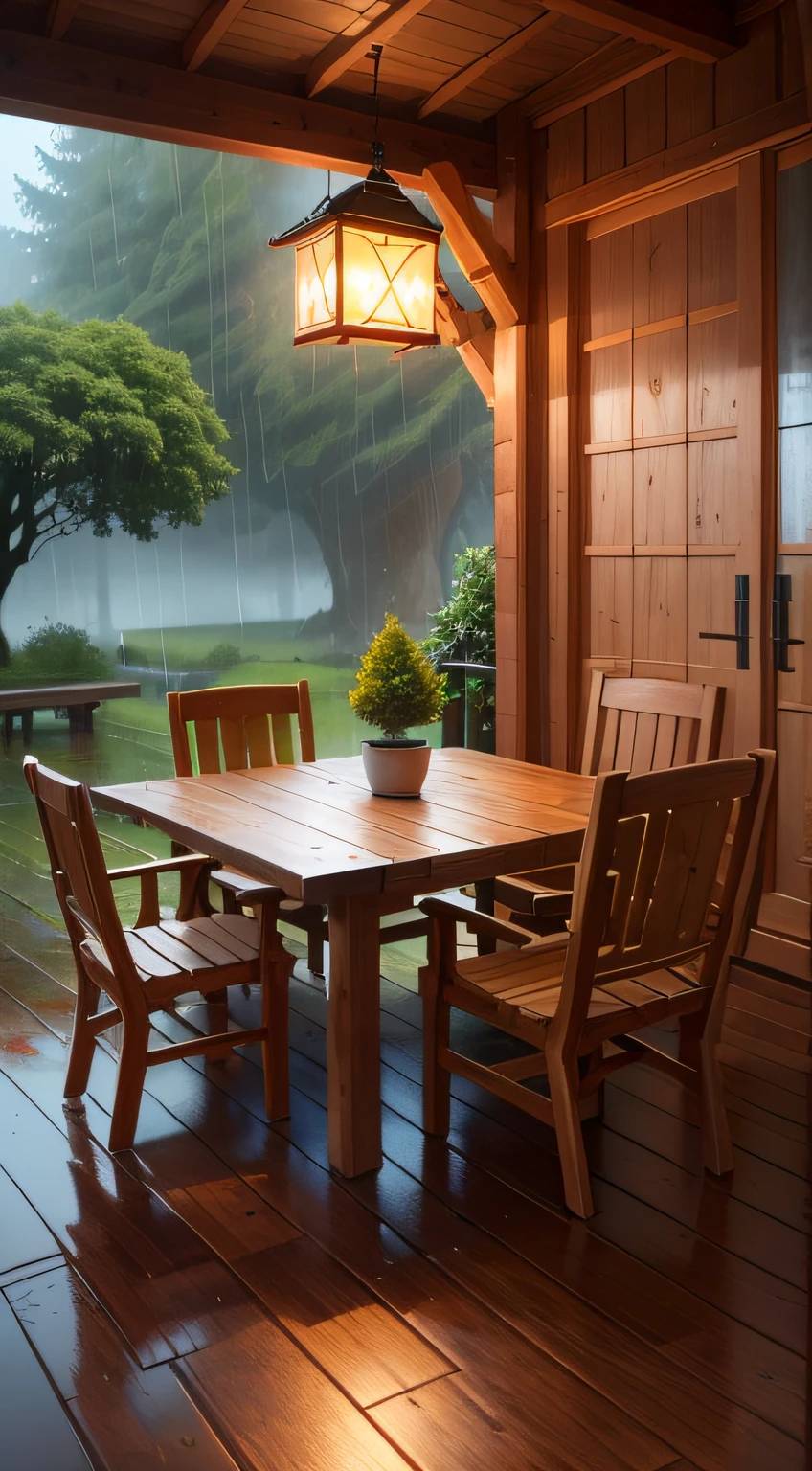 There is a small wooden house with a table and chairs in the rain, Rainy day outside, Magische Umgebung, calm and serene atmosphere, in einer regnerischen Umgebung, Rainy outside, Verregneter Nachmittag, drinnen an einem regnerischen Tag, verregnete Szene, von Raymond Han, rainy atmosphere, regnerische Umgebung, regnerische Stimmung, rainy and gloomy atmosphere, regnerischer Abend, Atmosphärisches Fantasy-Setting, Tisch in der Mitte des bildes
