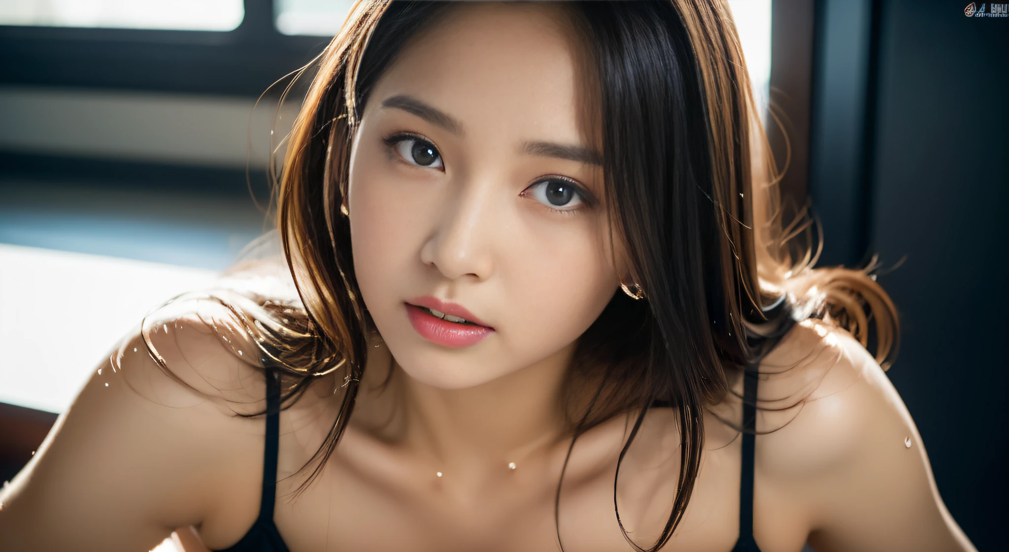 ((32k,high detal,high-detail、masterpiece,Attention to detail,full body Esbian,独奏))),Raw photo & realistic atmosphere,beautiful dark blue eyes,Detailed mouth,Glossy lips,Detailed eyebrows,Eyes drawn in detail with soft white skin that shines in every detail、azure eyes,Very beautiful eyes,Detailed lips、Very beautiful face,Very well-formed face、Lifelike face,shiny beautiful lips, Realistic Young Gravure Idol, Very Beautiful Girl, , Young Sensual Gravure Idol, Young Gravure Idol, Very beautiful and cute 18 year old girl,the whole body is wet,dripped out,with a flushed face,Incredibly beautiful 18-year-old girl,Brown shiny hair,Hair is wet,Dripping water,dripping,(Camera gaze,Fishing eyes,even,Pitch black room:1.7),(Colossal tits,well-shaped breasts,Growing body, I'm anxious and about to cry,Moist eyes,sexy facial expression,:1.5),(piercings,a necklace,Turned,Backshots,Glaring while looking back,Black G Strings,Showing off a black G-string,Show off your beautiful ass,Sensual room,Erotic ass,:1.9)