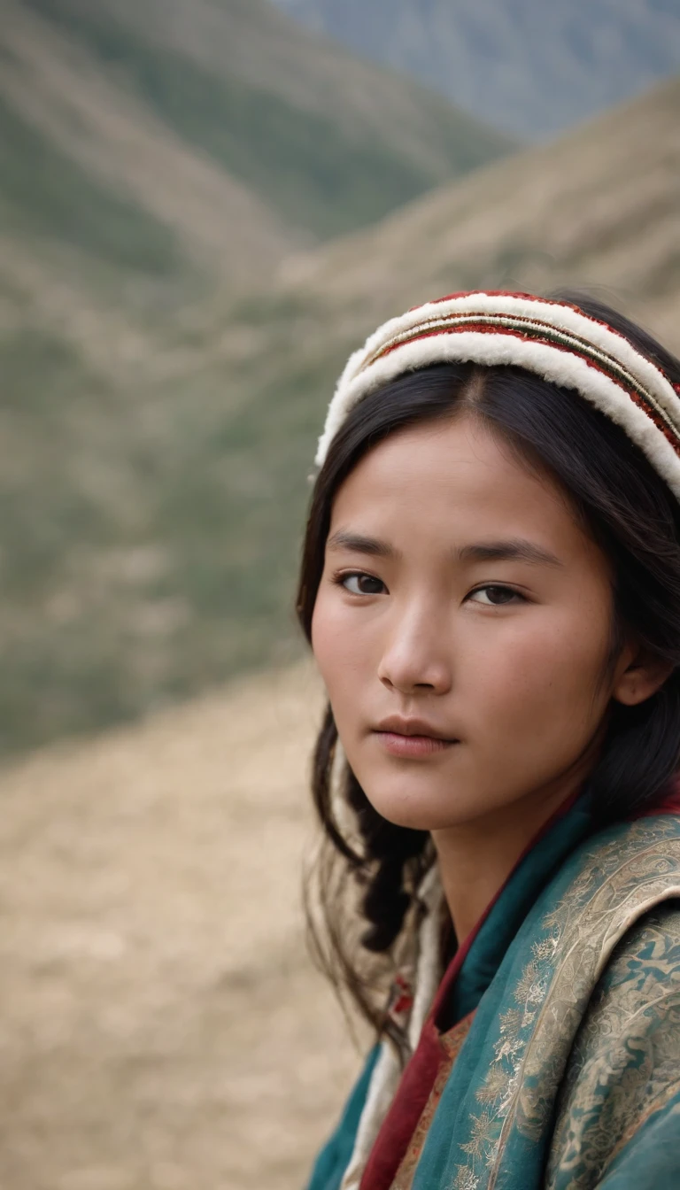 Tibetan cute girl,Tibetan snow ,1970's,White smoke,Full of movement ,hasselblatt,National Geographic photo,Semi-body shot, high-quality photo