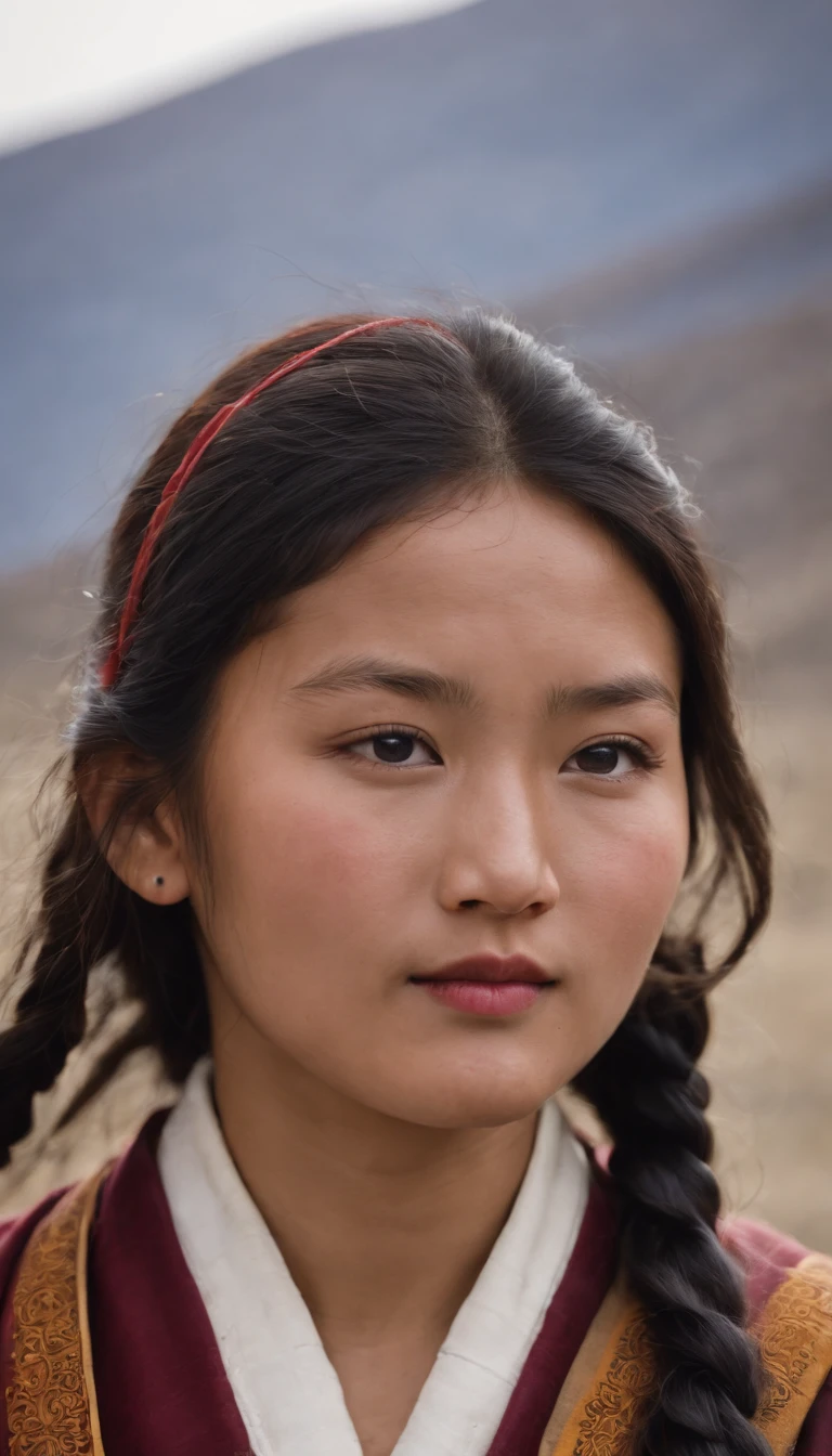 Tibetan cute girl,Tibetan snow ,1970's,White smoke,Full of movement ,hasselblatt,National Geographic photo,Semi-body shot, high-quality photo