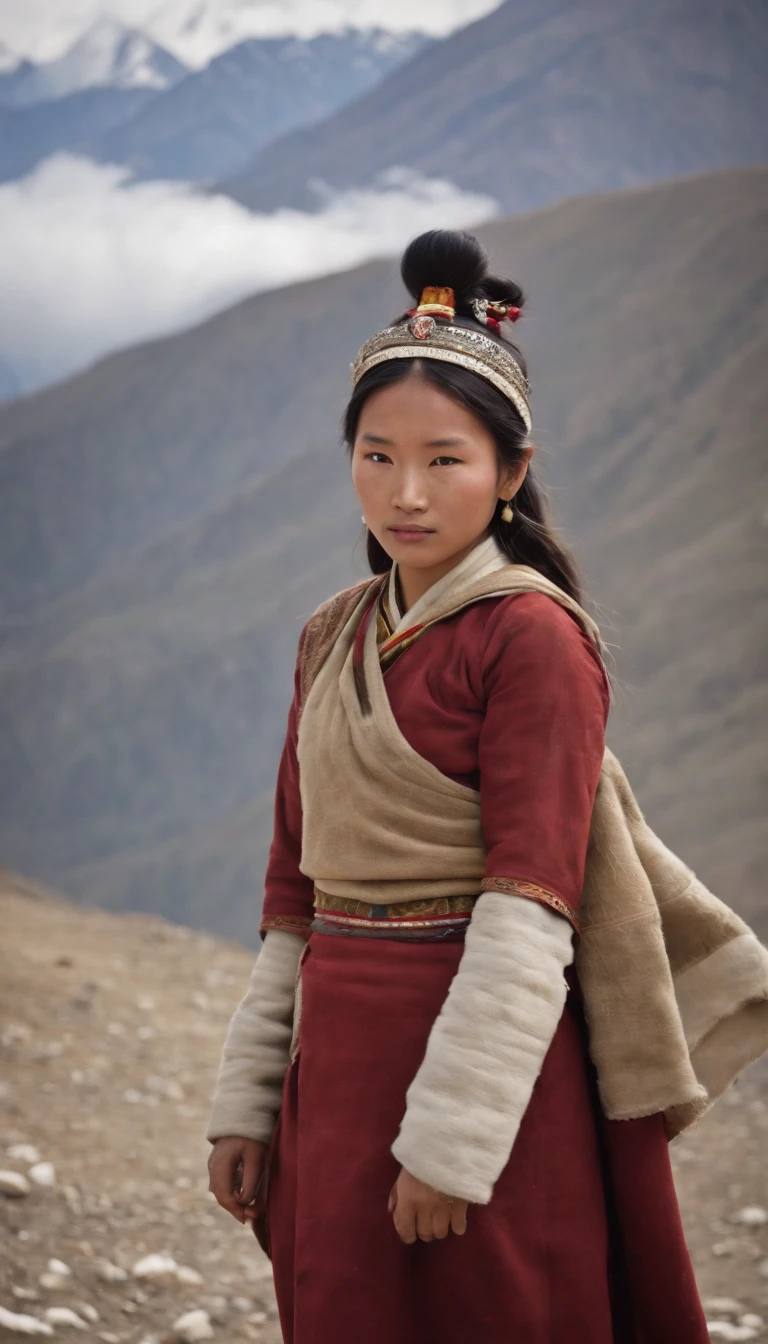 Tibetan cute girl,Tibetan snow ，1970's，White smoke，Full of movement ，hasselblatt，National Geographic photo，Semi-body shot, high-quality photo