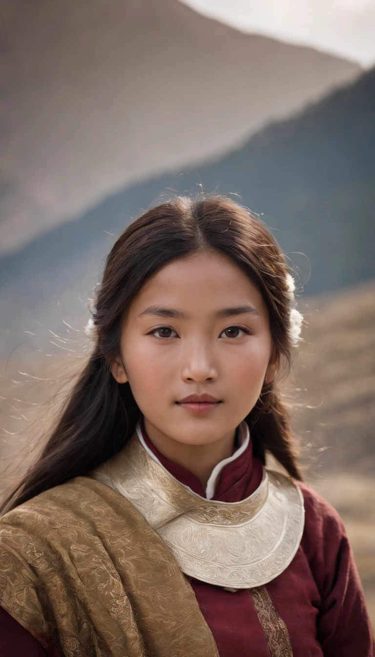 Tibetan cute girl,Tibetan snow ，1970's，White smoke，Full of movement ，hasselblatt，National Geographic photo，Semi-body shot, high-quality photo