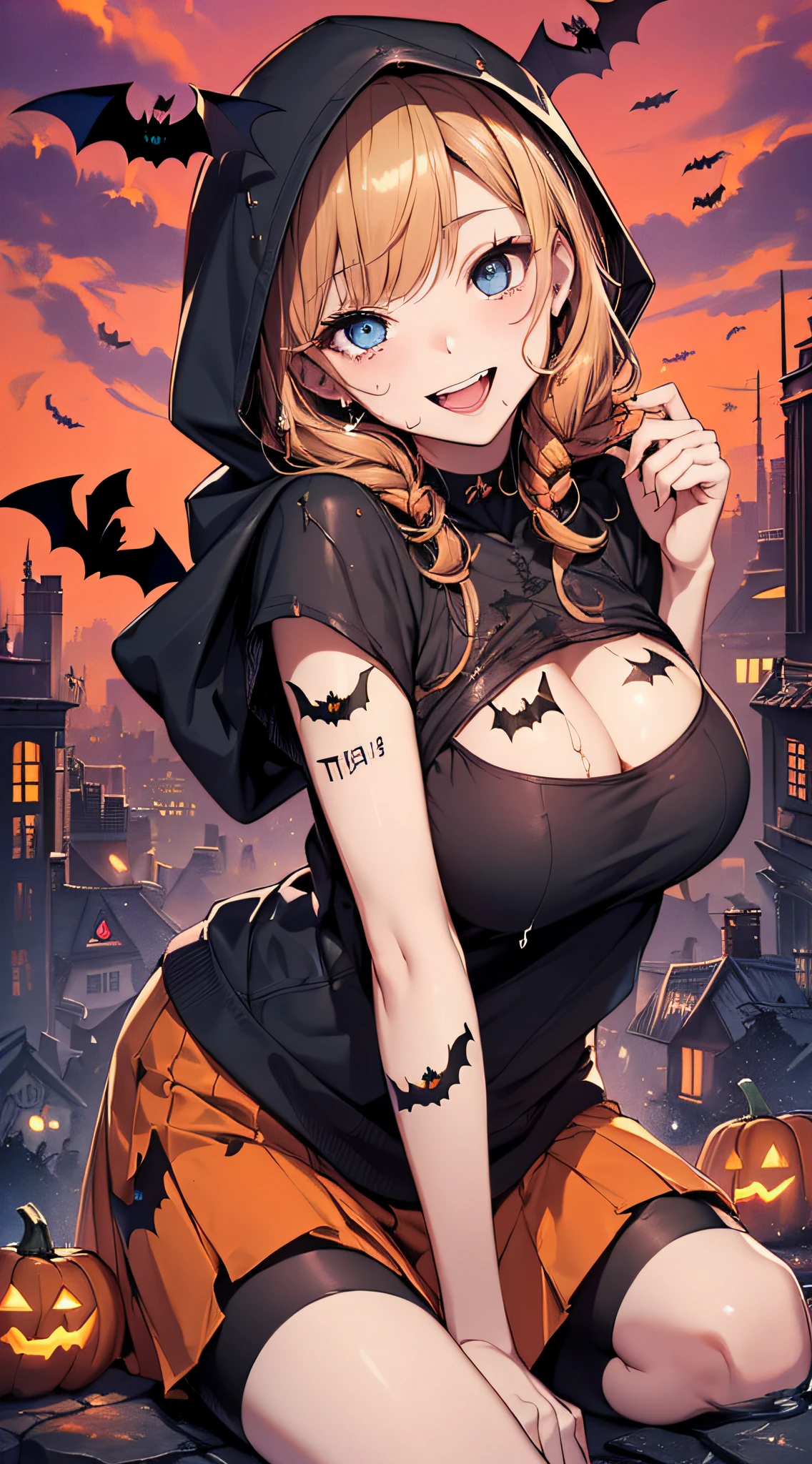 top-quality、Top image quality、​masterpiece、teens girl((18year old,Succubus、Black and orange tattered tank top,Tattered orange and black short skirt、Tattered orange short-sleeved hoodie、Wearing a hood,Best Bust、Bust 85、A dark-haired、Longhaire,Blue Eyes、open chest wide、Valley、Happiness、A slender、the whole body is wet、Leaning forward、Prank、Laughing mouth、Pointed teeth、Black wings、Pampering、Emphasis on the chest、clow pose、Bats tattoo)）hiquality、Beautiful Art、Background with((A city scape、Red sky、Red rain,Halloween、the bats、pumpkins))、masutepiece、Elaborate design、visualart、Theatrical films