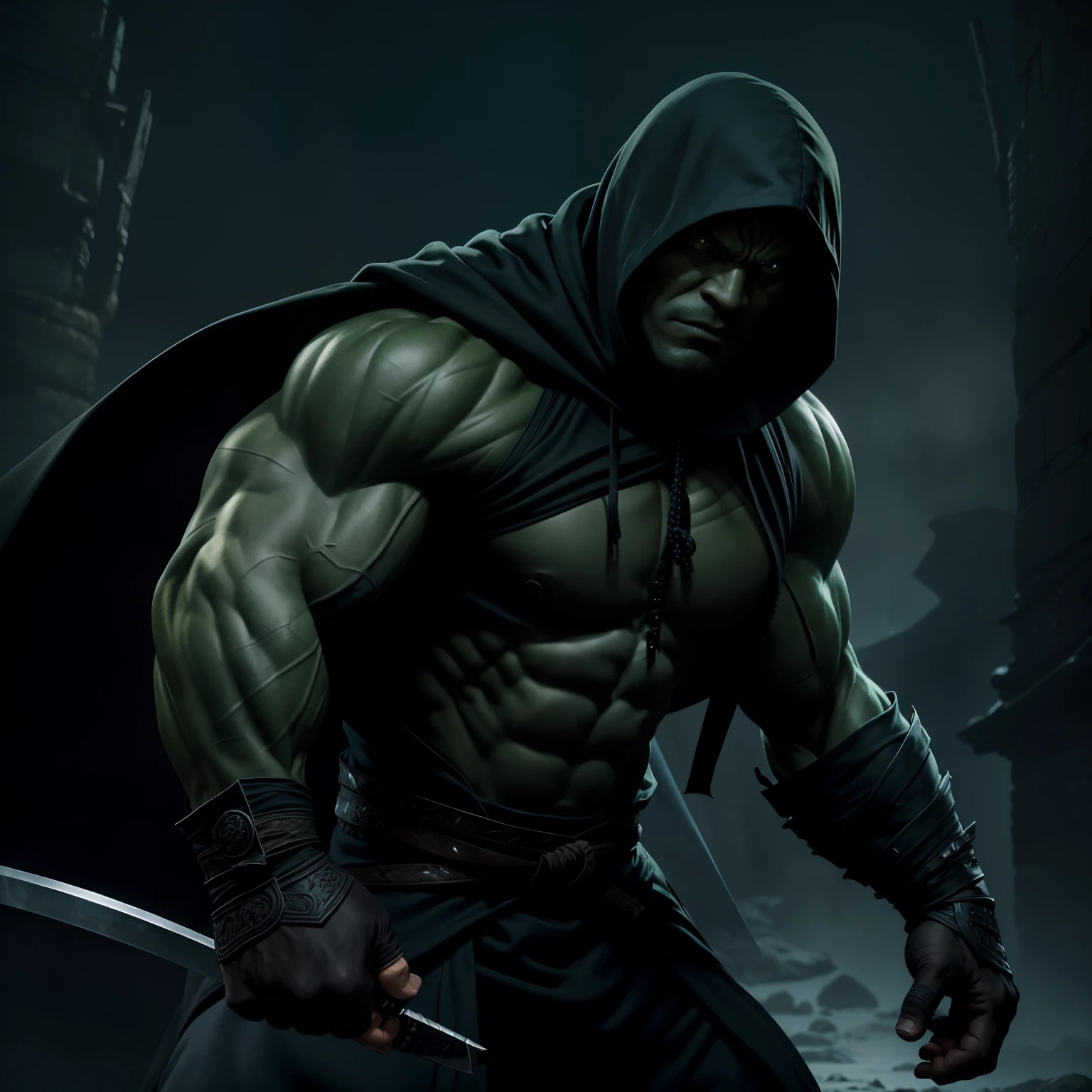Capture the essence of a stealthy warrior in the moonlit night, as a ninja dons The Hulk costume. Create a portrait of this mysterious figure, combining the intricacies of an assassin's hoodie and cloak. The image should epitomize realism, showcasing the detailed textures and features of the character while embracing the enchanting darkness that surrounds them. green skin, muscle body.