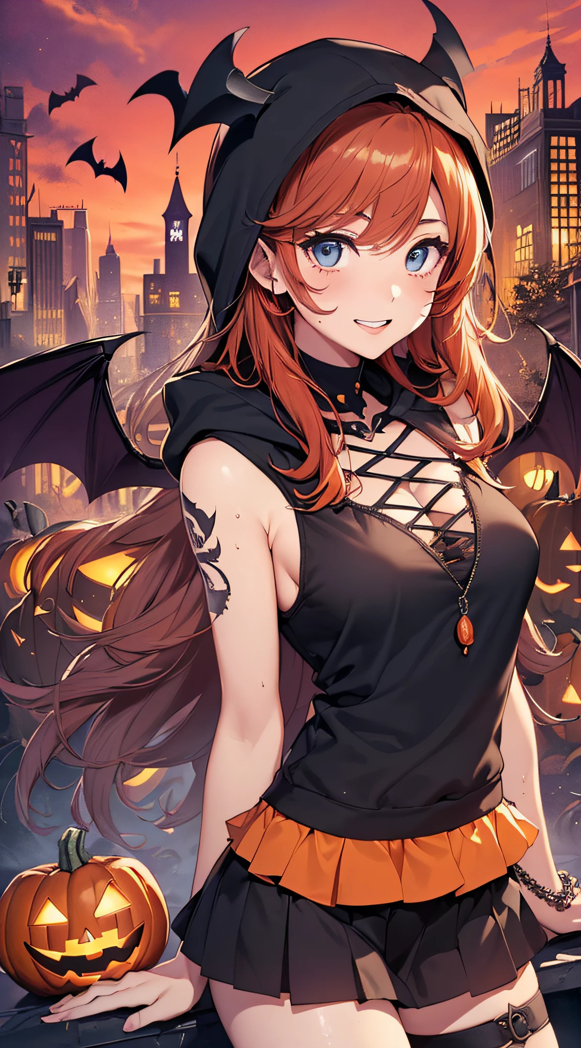 top-quality、Top image quality、​masterpiece、teens girl((18year old,Succubus、Black and orange tattered tank top,Tattered orange and black short skirt、Tattered orange short-sleeved hoodie、Wearing a hood,Best Bust、Bust 85、A dark-haired、Longhaire,Blue Eyes、open chest wide、Valley、Happiness、A slender、the whole body is wet、Leaning forward、Prank、Laughing mouth、Pointed teeth、Black wings、Pampering、Emphasis on the chest、clow pose、Bats tattoo)）hiquality、Beautiful Art、Background with((A city scape、Red sky、Red rain,Halloween、the bats、pumpkins))、masutepiece、Elaborate design、visualart、Theatrical films