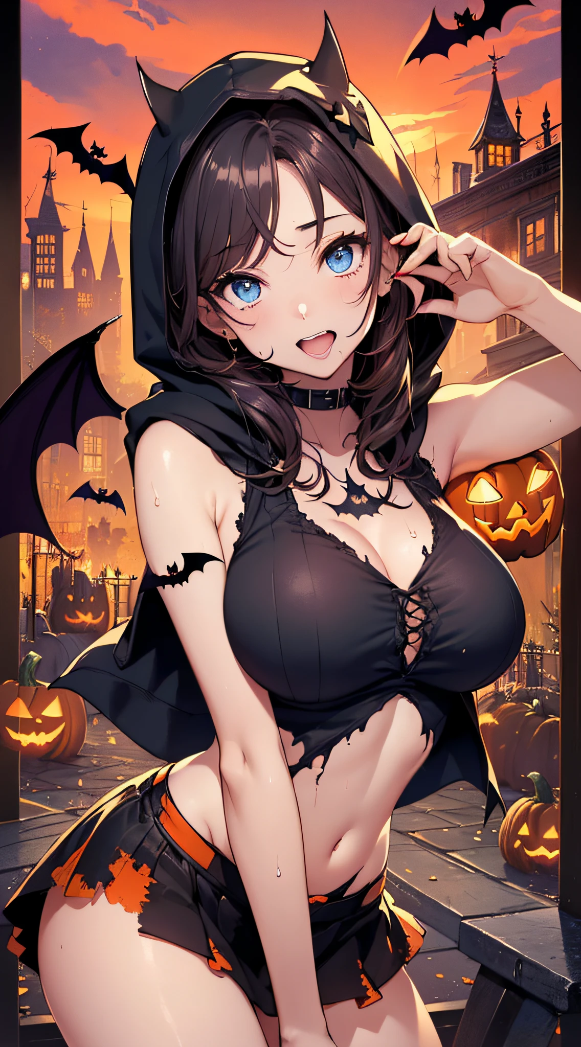 top-quality、Top image quality、​masterpiece、teens girl((18year old,Succubus、Black and orange tattered tank top,Tattered orange and black short skirt、Tattered orange short-sleeved hoodie、Wearing a hood,Best Bust、Bust 85、A dark-haired、Longhaire,Blue Eyes、open chest wide、Valley、Happiness、A slender、the whole body is wet、Leaning forward、Prank、Laughing mouth、Pointed teeth、Black wings、Pampering、Emphasis on the chest、clow pose、Bats tattoo)）hiquality、Beautiful Art、Background with((A city scape、Red sky、Red rain,Halloween、the bats、pumpkins))、masutepiece、Elaborate design、visualart、Theatrical films