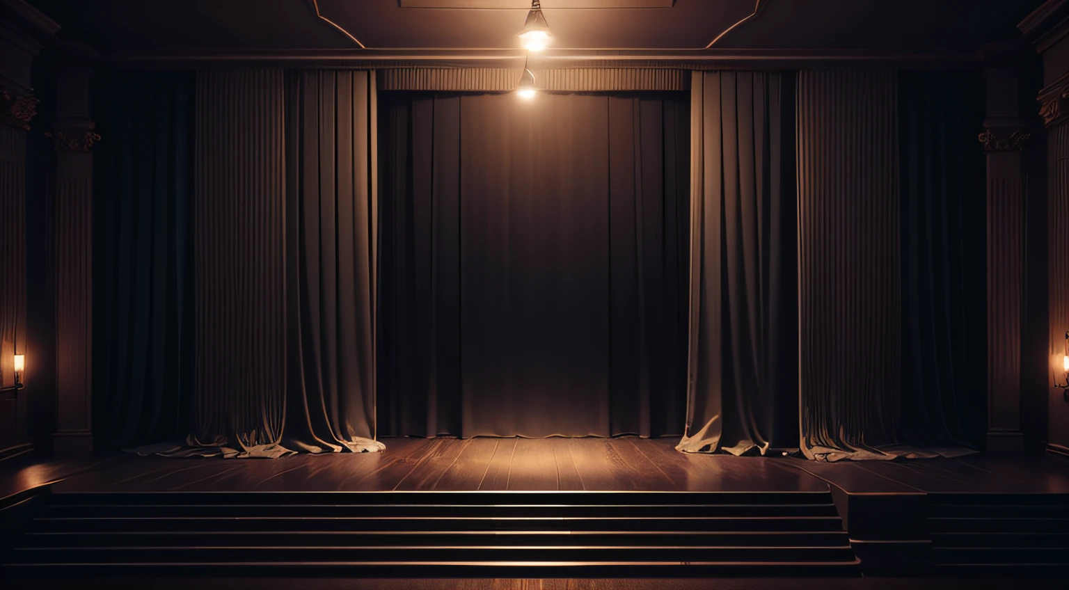 Faraway view，Big stage，Large black curtain，dark vibe atmosphere,uncanny，There are no lights，Cold，  art-style, elaborate detail,（Extremely detailed picture），（8k wallpaper），