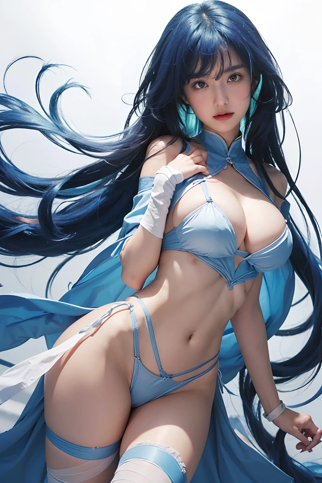 tmasterpiece,best qualityer,A girl floating in the air,1girll,full bodyesbian,Blue long hair,Mummy costume,Bandages wrap around the whole body,