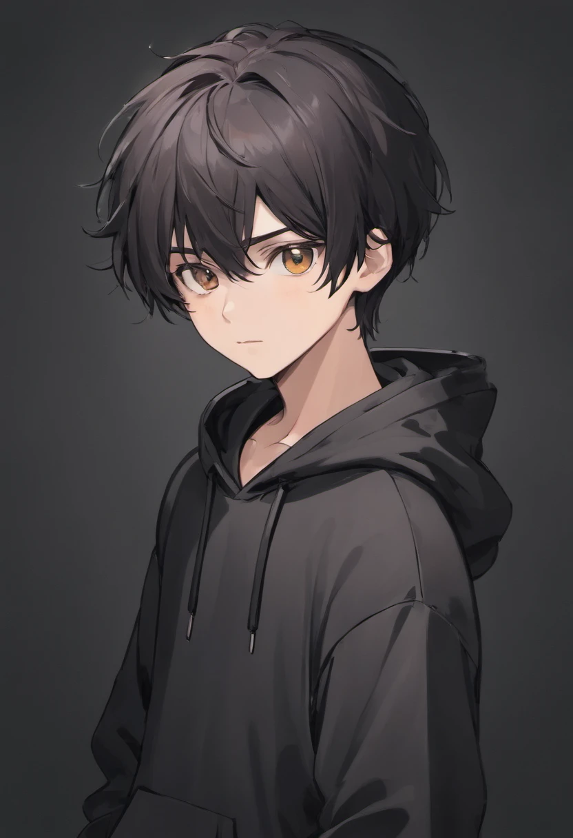 Teenage boy with brown eyes, white skin,and black hair wearing a black hoody ( black background)
