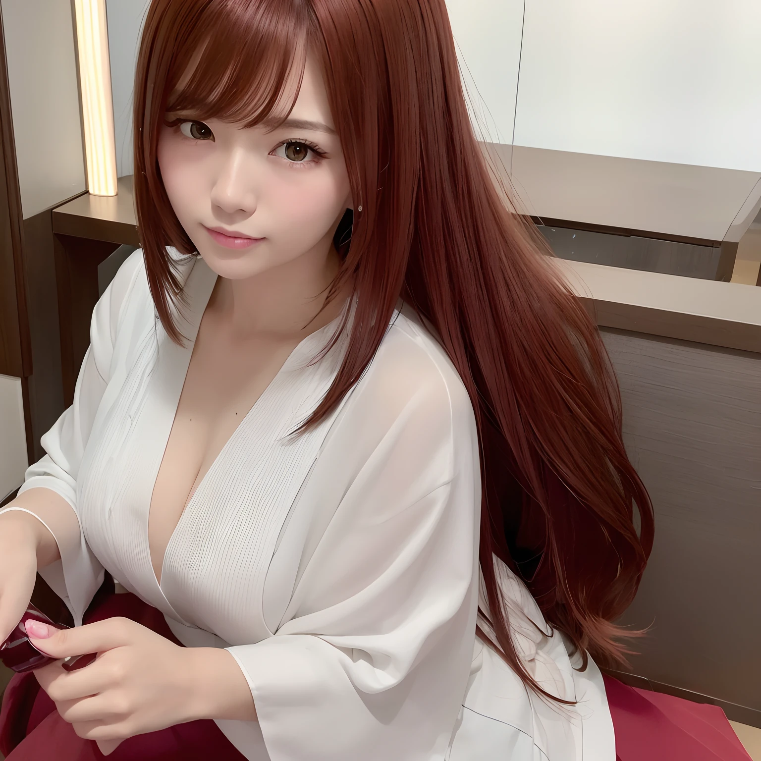 (beautician、An ultra-high picture quality、Realistic Japan Woman)shiny hair with a slight reddish color,、Thin body、Only the chest is large、One girl is pictured.、Naughty clothes