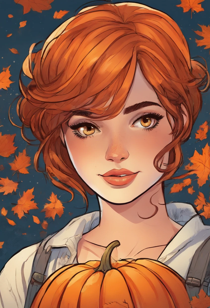 A girl, with brown short hair, Brown eyes, freckles on her face, Halloween, Pumpkin in hands