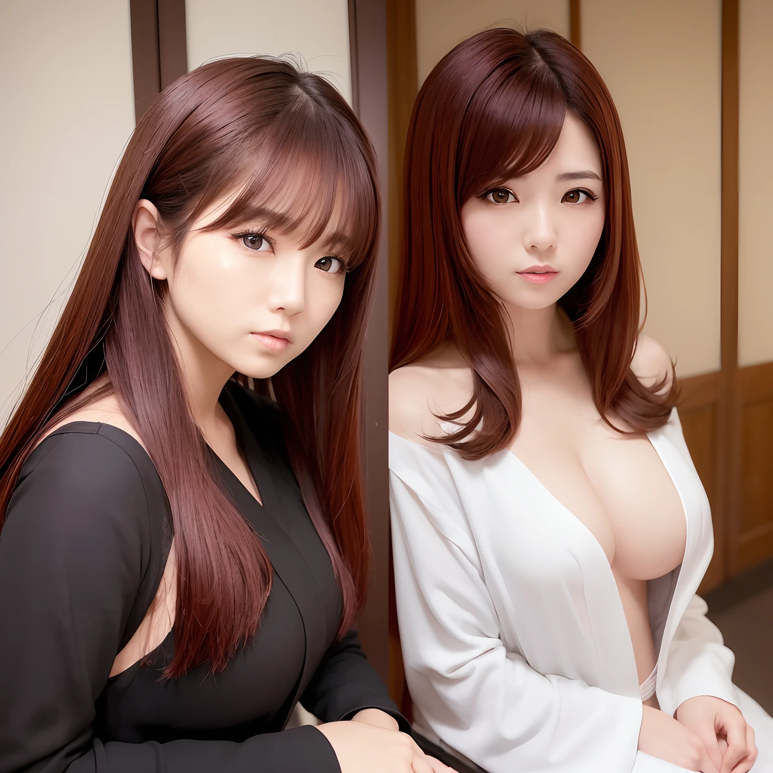 (beautician、An ultra-high picture quality、Realistic Japan Woman)shiny hair with a slight reddish color,、Thin body、Only the chest is large、One girl is pictured.、Naughty clothes