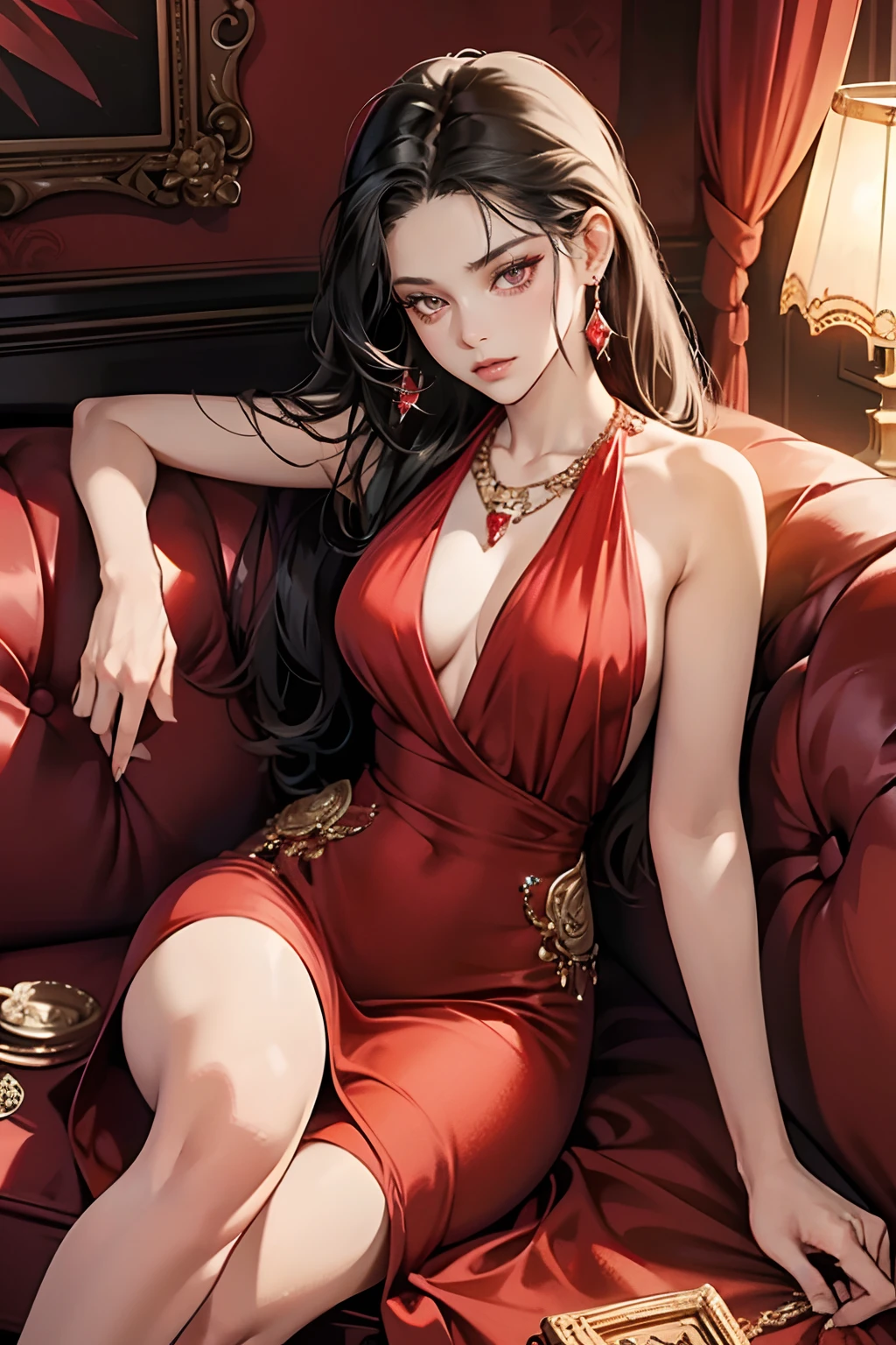 1 girl,Perfect female body,Adult female, eye looking to camera,(Red evening dress,diamonds earrings,adiamondnecklace,black hair),Sit on the sofa,forehead,dramatic shadow, Ray tracing