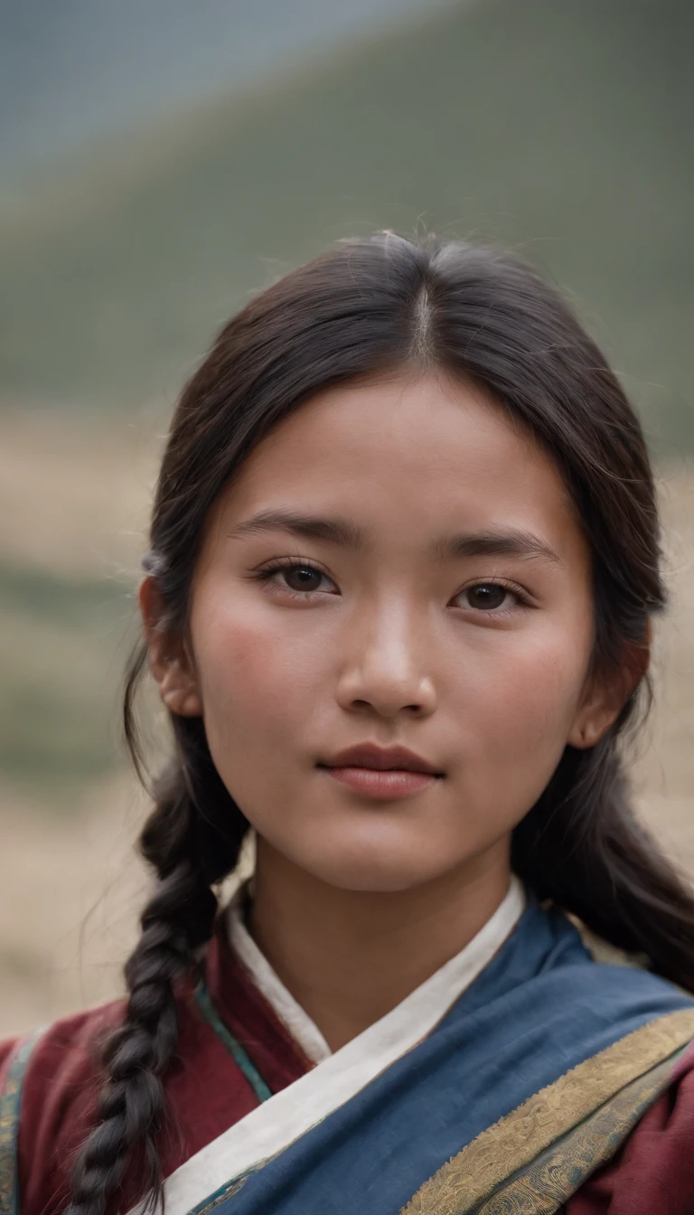Tibetan cute girl,Tibetan snow ，1970's，White smoke，Full of movement ，hasselblatt，National Geographic photo，Semi-body shot, high-quality photo