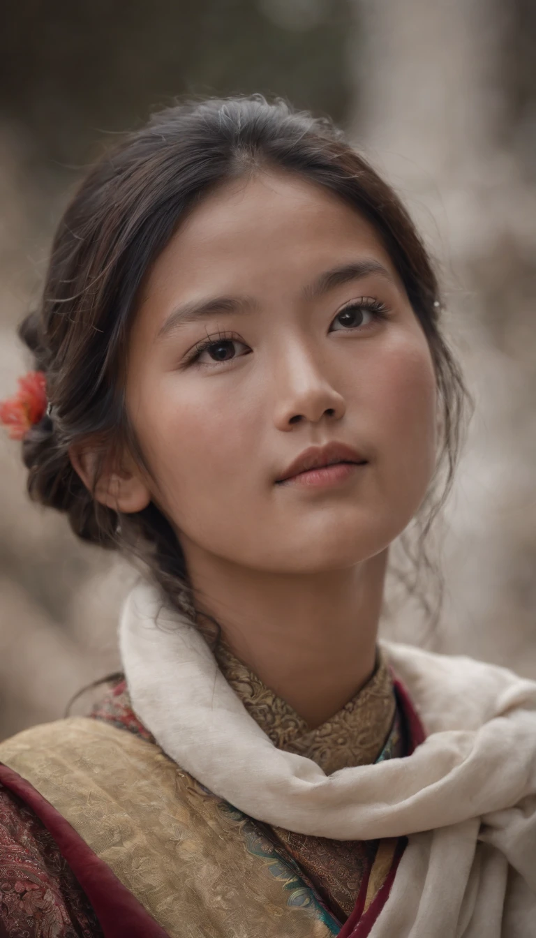 Tibetan cute girl,Tibetan snow ,1970's,White smoke,Full of movement ,hasselblatt,National Geographic photo,Semi-body shot, high-quality photo