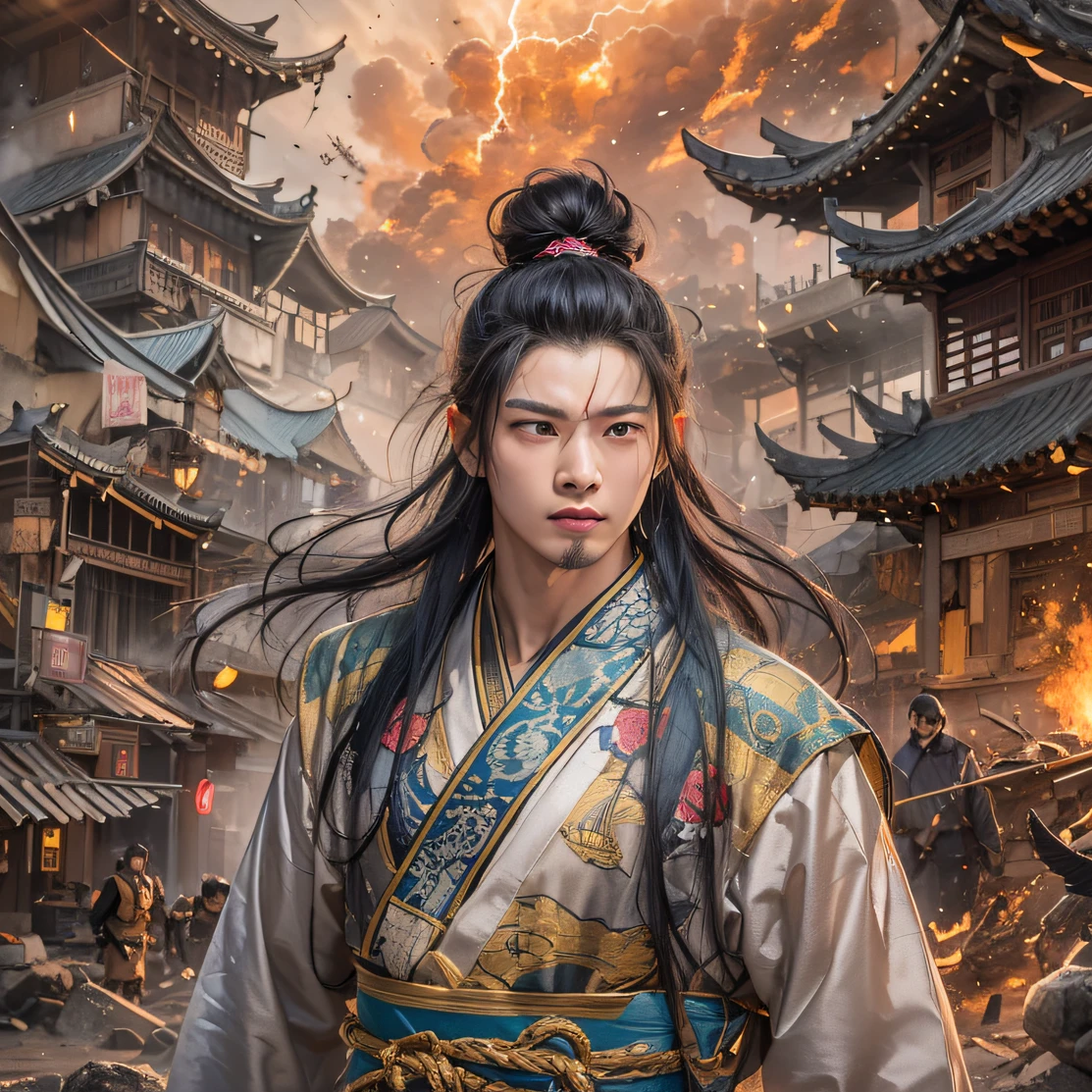 Qin Yu soared into the fairy demon realm, met Liu Hanshu by chance, saw his previous self in him, decided to take him as an apprentice, taught him how to protect himself, but because of the treasure star map, he forged a bond with the Liu family and the Jade Sword Sect, and finally opened with Liu Hanshu's death, Qin Yu embarked on the road of confrontation with powerful opponents, cultivated hard, made himself stronger, insisted on his central way of justice, and also wanted to protect the people he cared about, the three brothers soared apart, and embarked on a long road to find a good brother, Qin Yu, where are Xiao Hei and Hou Fei(Rainbow ruins)Climb the streets(Doomsday Rainbow)eyes filled with angry,He clenched his fists,Rush up,Deliver a fatal blow to your opponent,full bodyesbian,Full Body Male Mage 32K(Masterpiece rainbow,Rainbow Ultra HD)Long flowing black hair,Campsite size,zydink, The wounded lined up in the streets(Doomsday ruins rainbow)Climb the streets, The scene of the explosion(Rainbow Doomsday Ruins), (Linen batik scarf), Angry fighting stance, looking at the ground, Batik linen bandana, Chinese python pattern long-sleeved garment, rainbowing(Abstract propylene splash:1.2), Dark clouds lightning background,Flour flies(realisticlying:1.4),Black color hair,Flour fluttering,rainbow background, A high resolution, the detail, RAW photogr, Sharp Re, Nikon D850 Film Stock Photo by Jefferies Lee 4 Kodak Portra 400 Camera F1.6 shots, Rich colors, ultra-realistic vivid textures, Dramatic lighting, Unreal Engine Art Station Trend, cinestir 800,Flowing black hair,(((rainbowing)))The wounded lined up in the streets(rainbowing)Climb the streets,