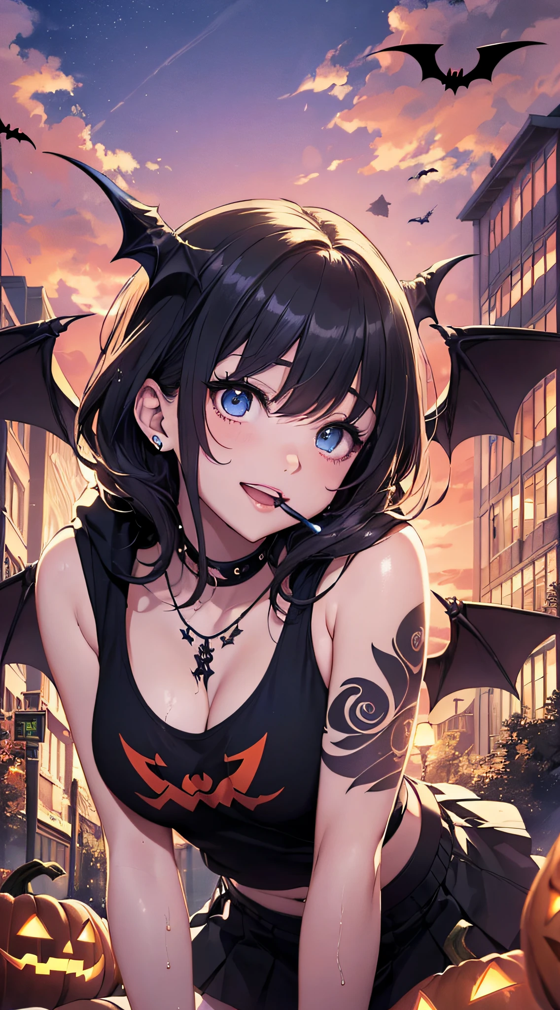 top-quality、Top image quality、​masterpiece、s girl((18year old,Succubus、Black and orange tattered tank top,Tattered orange and black short skirt、Tattered orange short-sleeved hoodie、Wearing a hood,Best Bust、Bust 85、A dark-haired、Longhaire,Blue eyes、open chest wide、Valley、Happiness、A slender、the whole body is wet、Leaning forward、Prank、Laughing mouth、Pointed teeth、Black wings、Pampering、Emphasis on the chest、clow pose、Bats tattoo)）hiquality、Beautiful Art、Background with((A city scape、Red sky、Halloween at night、the bats、pumpkins))、masutepiece、Elaborate design、visualart、Theatrical films