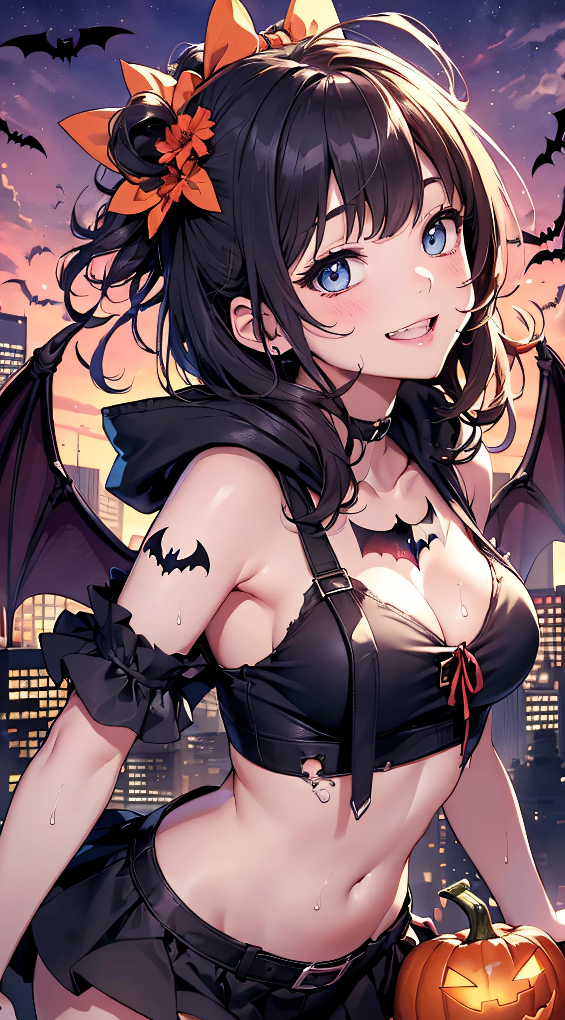 top-quality、Top image quality、​masterpiece、teens girl((18year old,Succubus、Black and orange tattered tank top,Tattered orange and black short skirt、Tattered orange short-sleeved hoodie、Wearing a hood,Best Bust、Bust 85、A dark-haired、Longhaire,Blue eyes、open chest wide、Valley、Happiness、A slender、the whole body is wet、Leaning forward、Prank、Laughing mouth、Pointed teeth、Black wings、Pampering、Emphasis on the chest、clow pose、Bats tattoo)）hiquality、Beautiful Art、Background with((A city scape、Red sky、Halloween at night、the bats、pumpkins))、masutepiece、Elaborate design、visualart、Theatrical films
