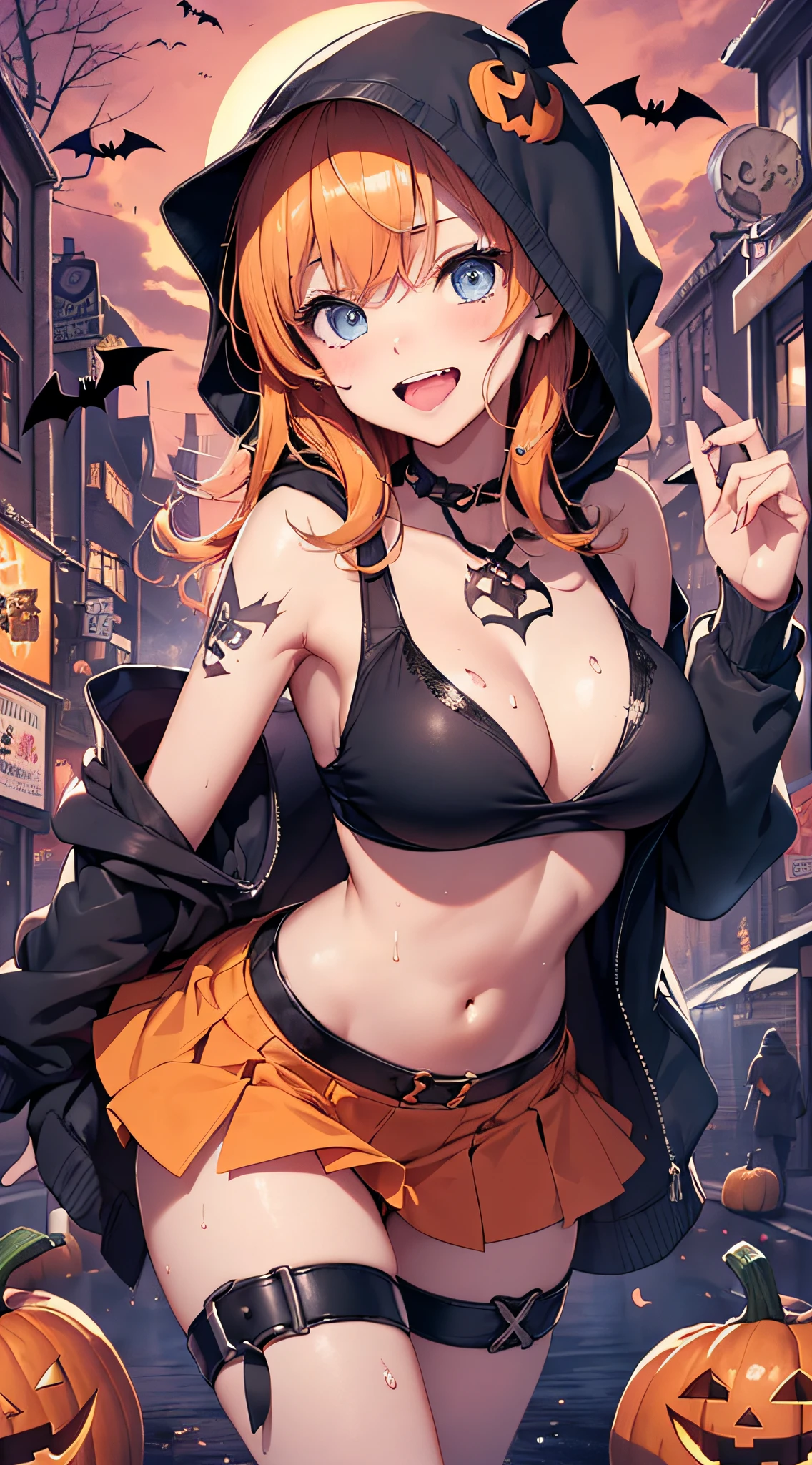 top-quality、Top image quality、​masterpiece、teens girl((18year old,Succubus、Black and orange tattered tank top,Tattered orange and black short skirt、Tattered orange short-sleeved hoodie、Wearing a hood,Best Bust、Bust 85、A dark-haired、Longhaire,Blue eyes、open chest wide、Valley、Happiness、A slender、the whole body is wet、Leaning forward、Prank、Laughing mouth、Pointed teeth、Black wings、Pampering、Emphasis on the chest、clow pose、Bats tattoo)）hiquality、Beautiful Art、Background with((A city scape、Red sky、Halloween at night、the bats、pumpkins))、masutepiece、Elaborate design、visualart、Theatrical films