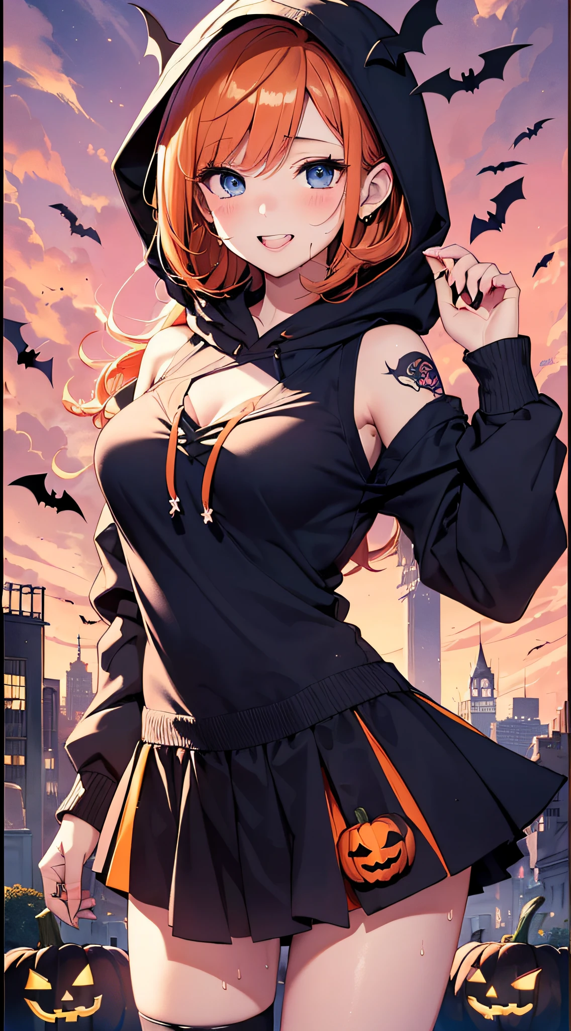 top-quality、Top image quality、​masterpiece、teens girl((18year old,Succubus、Black and orange tattered tank top,Tattered orange and black short skirt、Tattered orange short-sleeved hoodie、Wearing a hood,Best Bust、Bust 85、A dark-haired、Longhaire,Blue eyes、open chest wide、Valley、Happiness、A slender、the whole body is wet、Leaning forward、Prank、Laughing mouth、Pointed teeth、Black wings、Pampering、Emphasis on the chest、clow pose、Bats tattoo)）hiquality、Beautiful Art、Background with((A city scape、Red sky、Halloween at night、the bats、pumpkins))、masutepiece、Elaborate design、visualart、Theatrical films