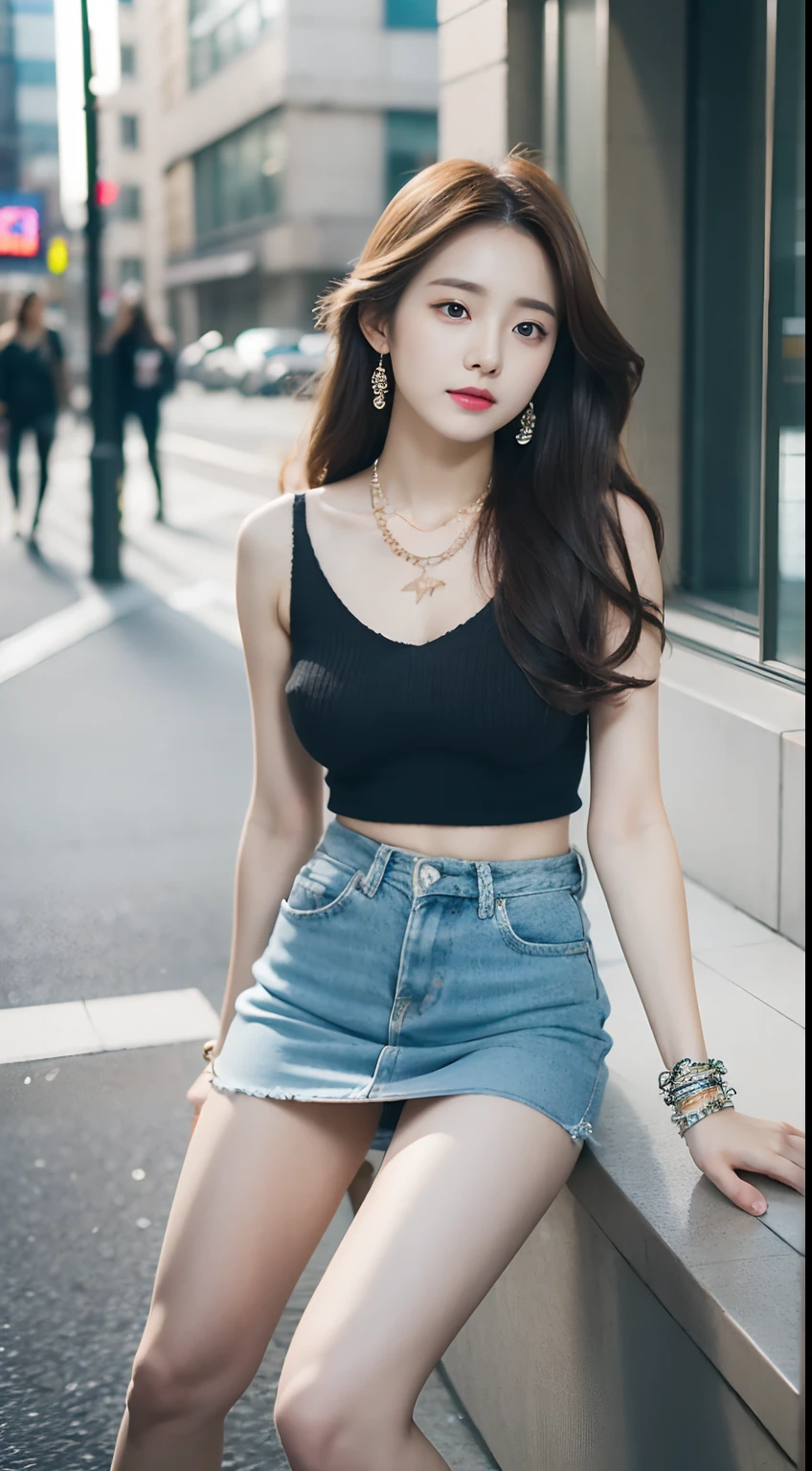 surrealistic、top-quality、 超A high resolution、Nikon Z 85mm、({(Raw foto:1.2)})natural soft light、profetional lighting、 realisitic、Super live-action、Photorealistic miniskirt、Perfect raw legs、delicate legs、 perfectly proportions、A sexy、 ulzzang -6500-v1.1, detailed beautiful faces、A detailed eye,Detailed lips,Beautiful eyebrows,perfectly proportions、Japanese ido,Korean Idols,18 year old beautiful woman revealing fashion, Fashion influenced by Namie Amuro,Amler,Amler Women,,90Wearing the tide of the times,micromini skirt,Wear platform boots,City of Shibuya, Women with good style,Ideal woman,The shape of the chest is beautiful,1Woman,Necklaces that match fashion,A bracelet,piercings,gyuru