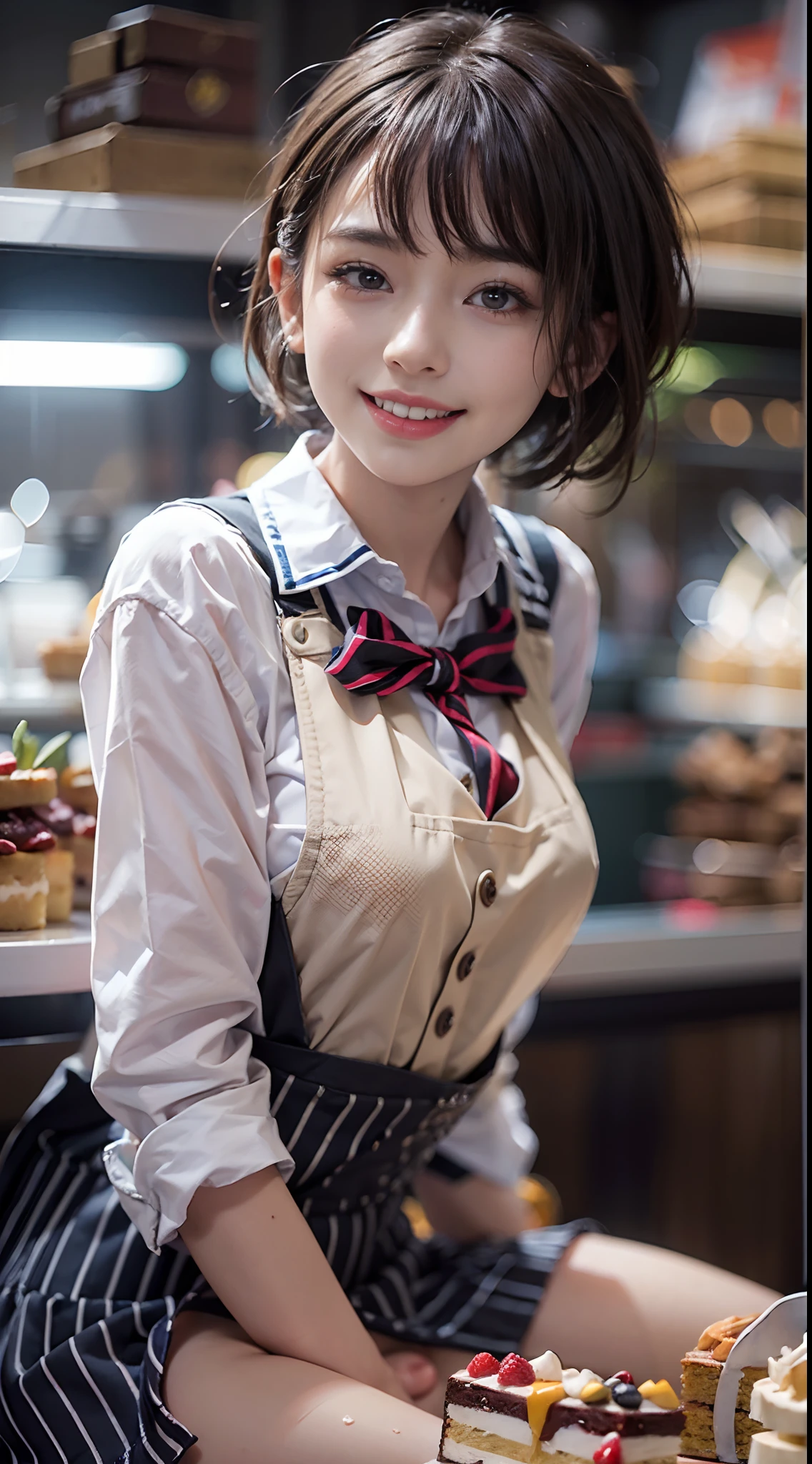 morning, ((pinafore)), cake shop, Smiling smile, (NSFW), 1womanl, 独奏, 24 year old, 7headed body, (Ideal ratio body proportions), (Composition from head to thigh), erectile nipple, Sexy body, Wet, short-hair, Dark hair, small tits, A slender, Small buttocks, beauty legs, Skinny Legs, surrealism, Cinematic lighting, depth of fields, One-person viewpoint, F/1.8, 135 mm, nffsw, masutepiece, ccurate, ((Anatomically correct)), Textured skin, Super Detail, high details, High quality, awardwinning, Best Quality, hight resolution, 8K