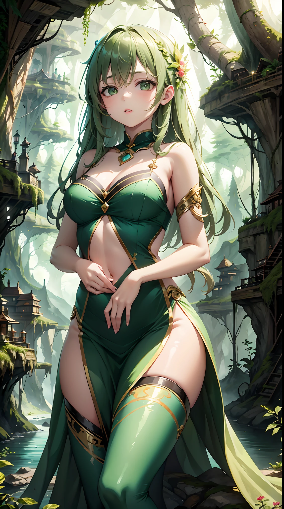 1 20-year-old girl, fairy princess, green clothes, nature clothes, nature panorama, sweet, beauty gril, twin sister.