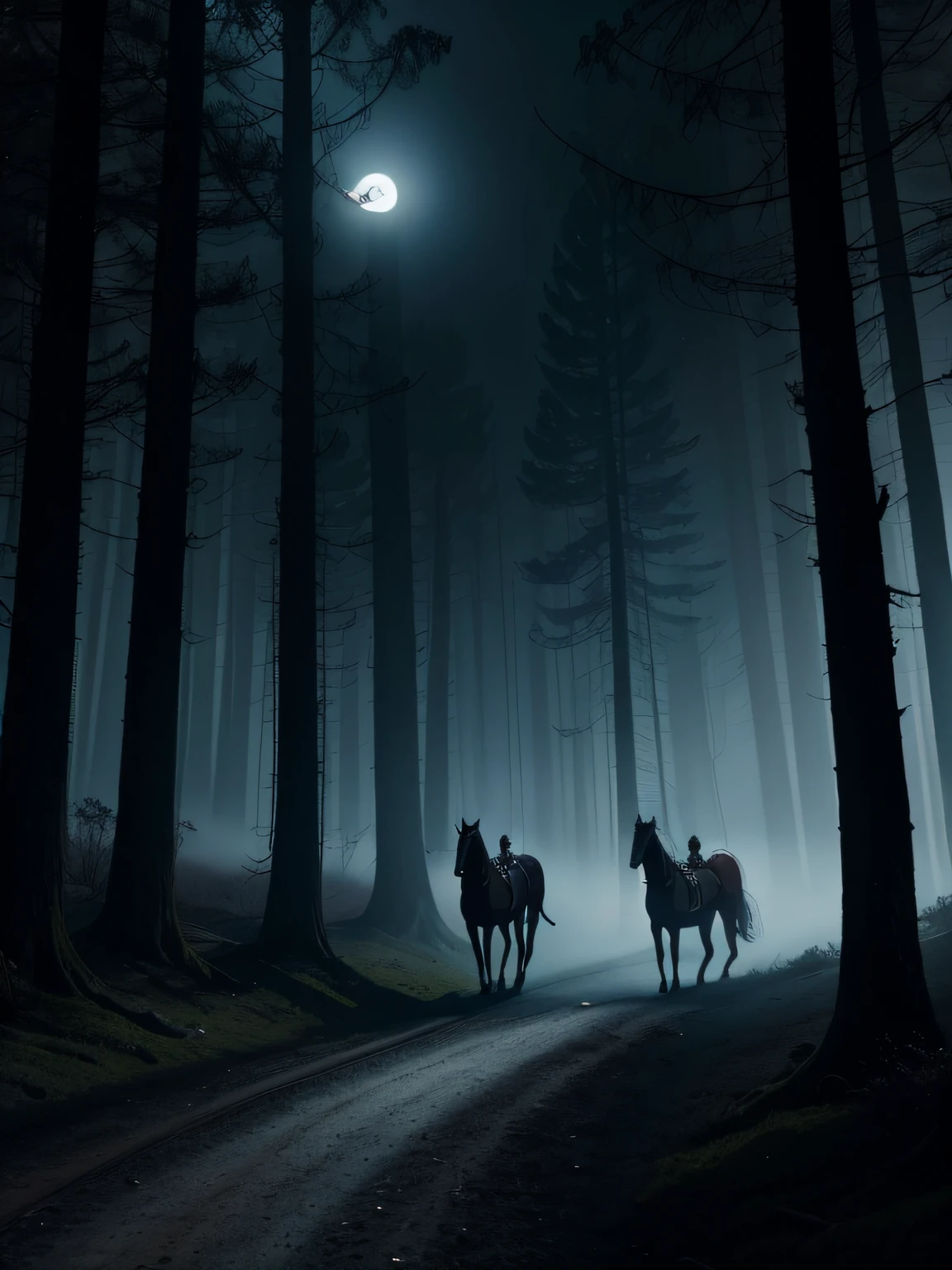 (best quality,4k,8k,highres,masterpiece:1.2),ultra-detailed,(realistic,photorealistic,photo-realistic:1.37),dark,medieval fantasy,cavalry pulling a luxurious cart,horses with flowing manes and bright eyes,richly decorated carriage with intricate carvings and golden accents,misty and mysterious forest with tall ancient trees,moonlight filtering through the branches creating eerie shadows,dense fog enveloping the forest floor,ominous and foreboding atmosphere,majestic owls lurking in the darkness with glowing eyes,monstrous owl-like creatures with sharp claws and haunting screeches,evoking a sense of fear and unease,dark feathered wings hovering above the ground,ominous presence of the owl monsters,faint glimmers of bluish moonlight highlighting the details of the creatures,dark hues of black, midnight blue, and deep purple dominate the color palette,flickering torches along the path casting an eerie glow,gloomy and dimly lit scene with the only light source emanating from the carriage and the moon,detailed rendering of the horses' muscles and shining coats,creating an atmosphere of somber elegance and suspense.