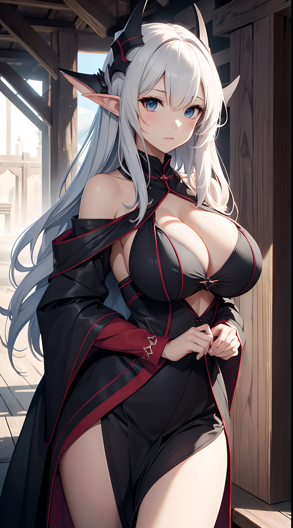 number art、Dark Elves、down jacket,Barefoot,dark castle,Yuruchara style、Large breasts,Off-the-shoulder attire,nabel,Big breasts Thin waist,cleavage,Raised sexy,Be red in the face