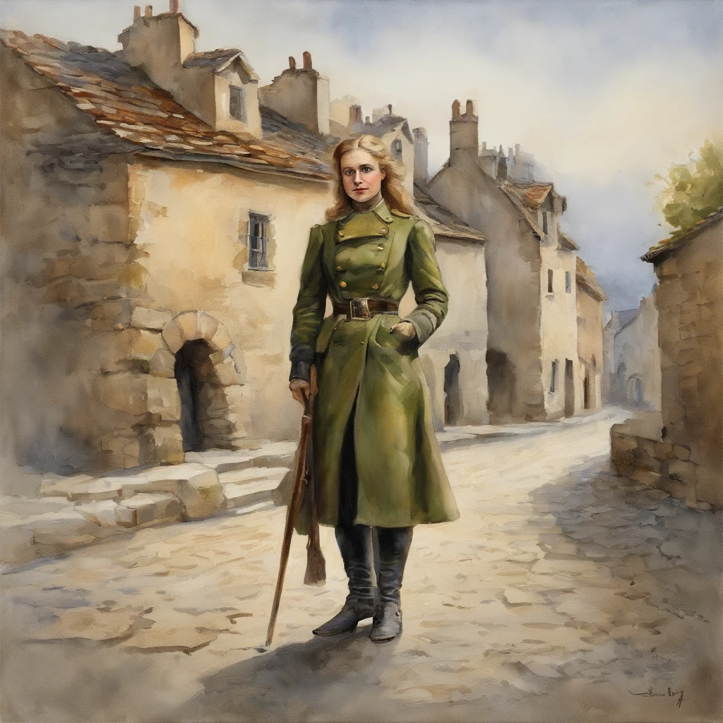 Lonely young adult girl, Tall stature, little chest, closed mouth, Slavic appearance: Green eyes; blond hair; sharp facial features; dimple on the chin; Straight nose; high nose; pronounced high cheekbones; high forehead, stands upright, military uniform: gray double-breasted overcoat; gray pants, full length, black leather gloves, in the middle of the street, Background: A street with a stone paved road with European stone houses from the first half of the 20th century, High quality shadows, High quality of light, High quality clothing, Masterpiece picture quality, max detail, Masterpiece quality.