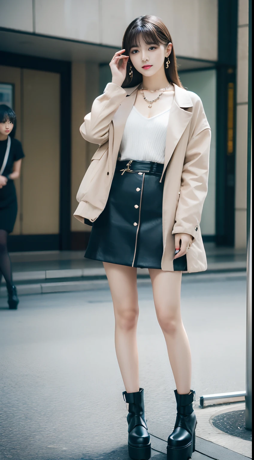 surrealistic、top-quality、 超A high resolution、Nikon Z 85mm、(｛（Raw foto:1.2）｝)natural soft light、profetional lighting、 realisitic、Super live-action、Photorealistic miniskirt、Perfect raw legs、delicate legs、 perfectly proportions、A sexy、 ulzzang -6500-v1.1, detailed beautiful faces、A detailed eye,Detailed lips,Beautiful eyebrows,perfectly proportions、Japanese ido,Korean Idols,18 year old beautiful woman revealing fashion, Fashion influenced by Namie Amuro,Amler,Amler Women,,９０Wearing the tide of the times,micromini skirt,Wear platform boots,City of Shibuya, Women with good style,Ideal woman,The shape of the chest is beautiful,１Woman,Necklaces that match fashion,A bracelet,piercings,gyuru