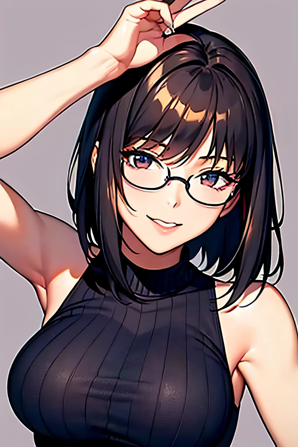 Akiha tohno \(tsukihime\), akiha tohno, tsukihime, (masutepiece, Highest Quality), Beautiful and aesthetic, 1girl, Idol, Elegant, (16 years old), medium hair, Portrait, lightsmile, (Sleeveless knitwear), Entire upper body, Simple background, open sexy armpits, sexy armpits, big round retro glasses, windsor glasses
