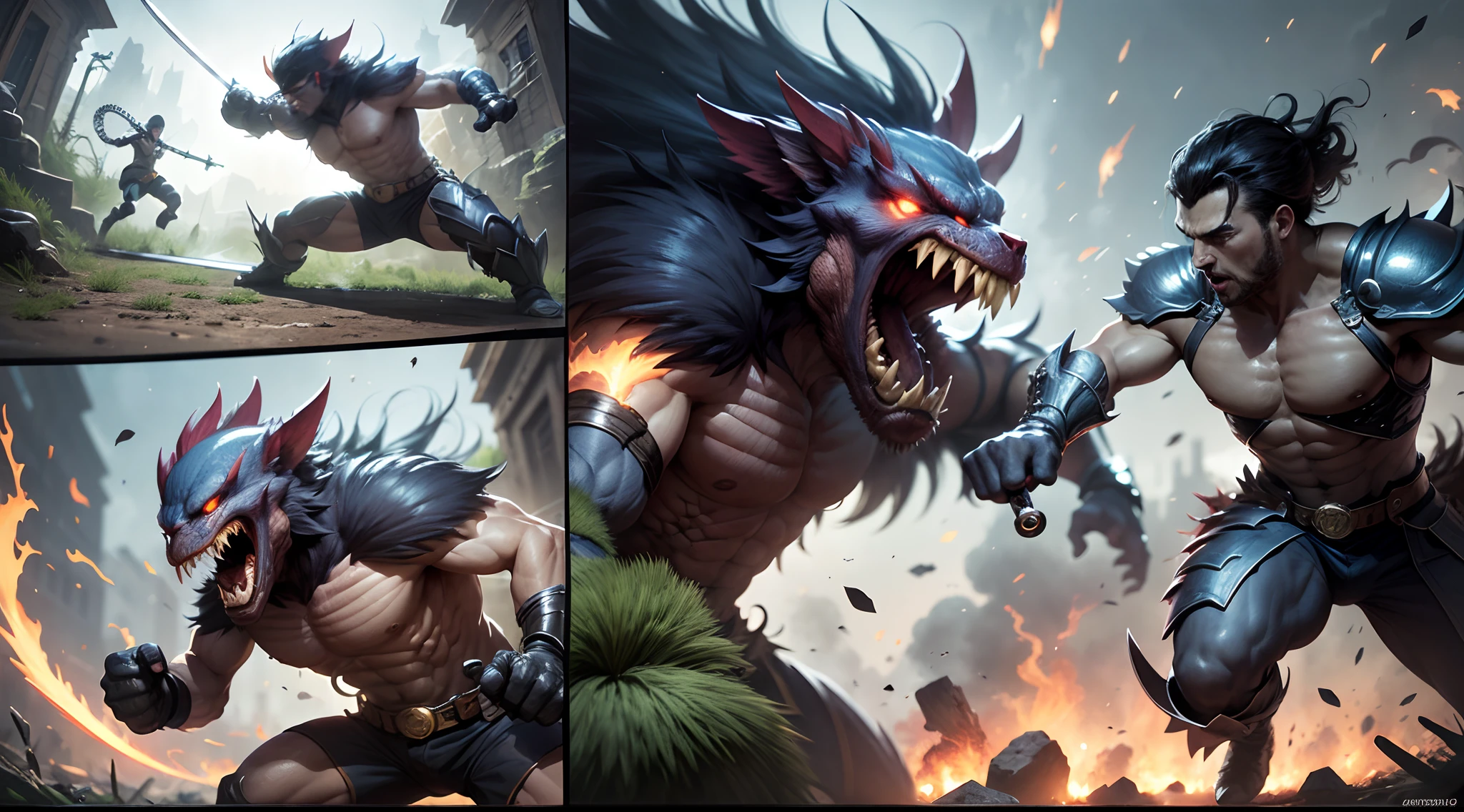 create an action comic page in which the hero is fighting with a monster with sword --auto --s2
