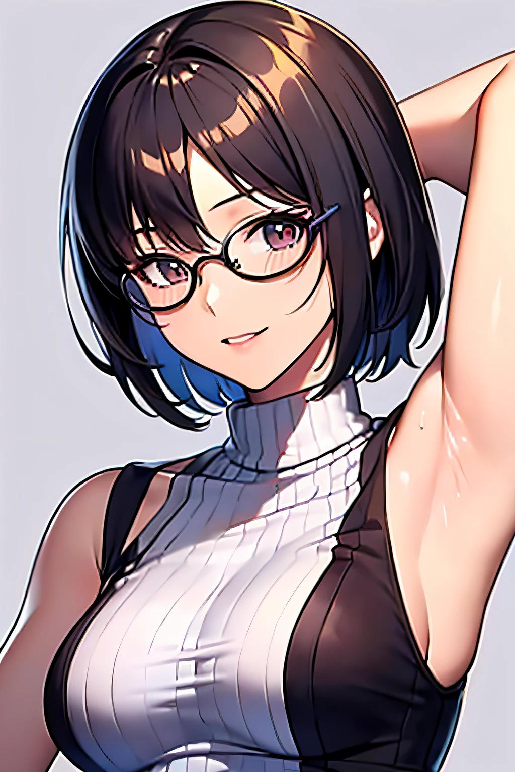 Create an anime-style illustration of a 17-year-old girl named Shizuka. She has long, straight, blue hair with bangs cut straight across her forehead. She has large, almond-shaped silver-blue eyes and porcelain-like white skin. Shizuka often wears glasses.Super big breasts、短いヒラヒラスカート、Tシャツ