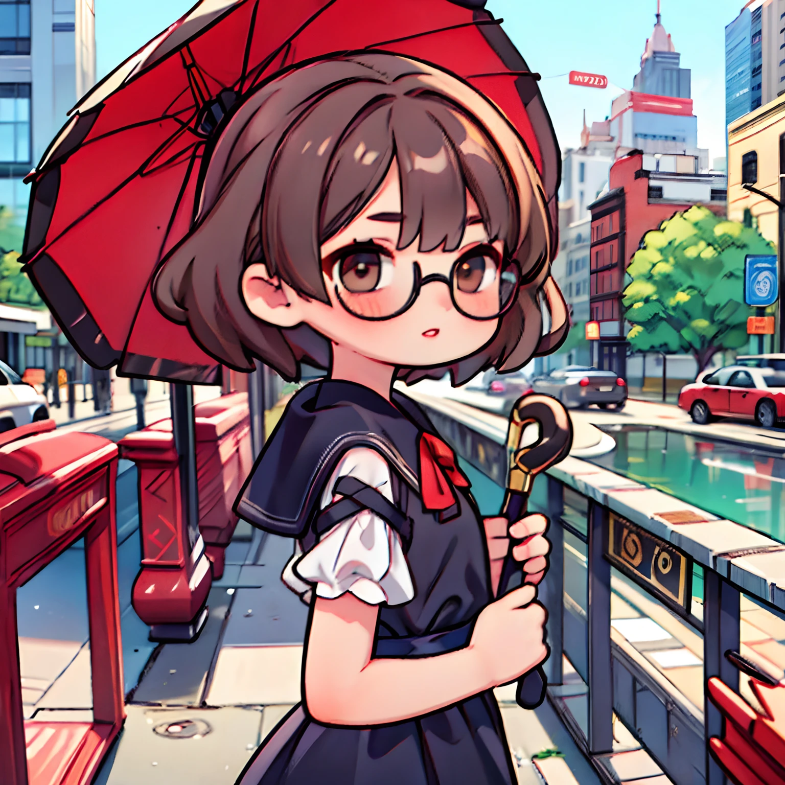 masterpiece,best quality, ultra res, extremely detailed, 1 girl, short brown hair, city, brown eyes, dark red lips, black dress, umbrella, squares glasses