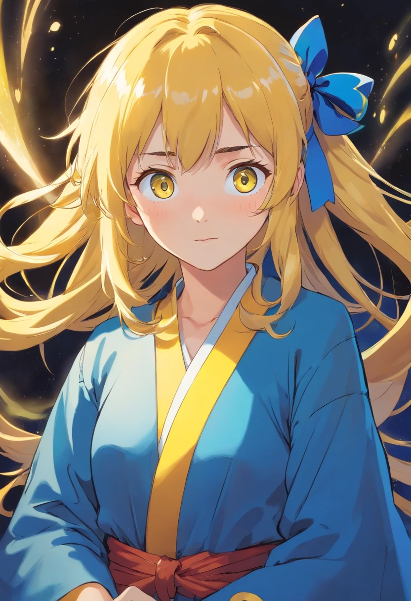 Girl with yellow hair, blue ribbon, blue robe